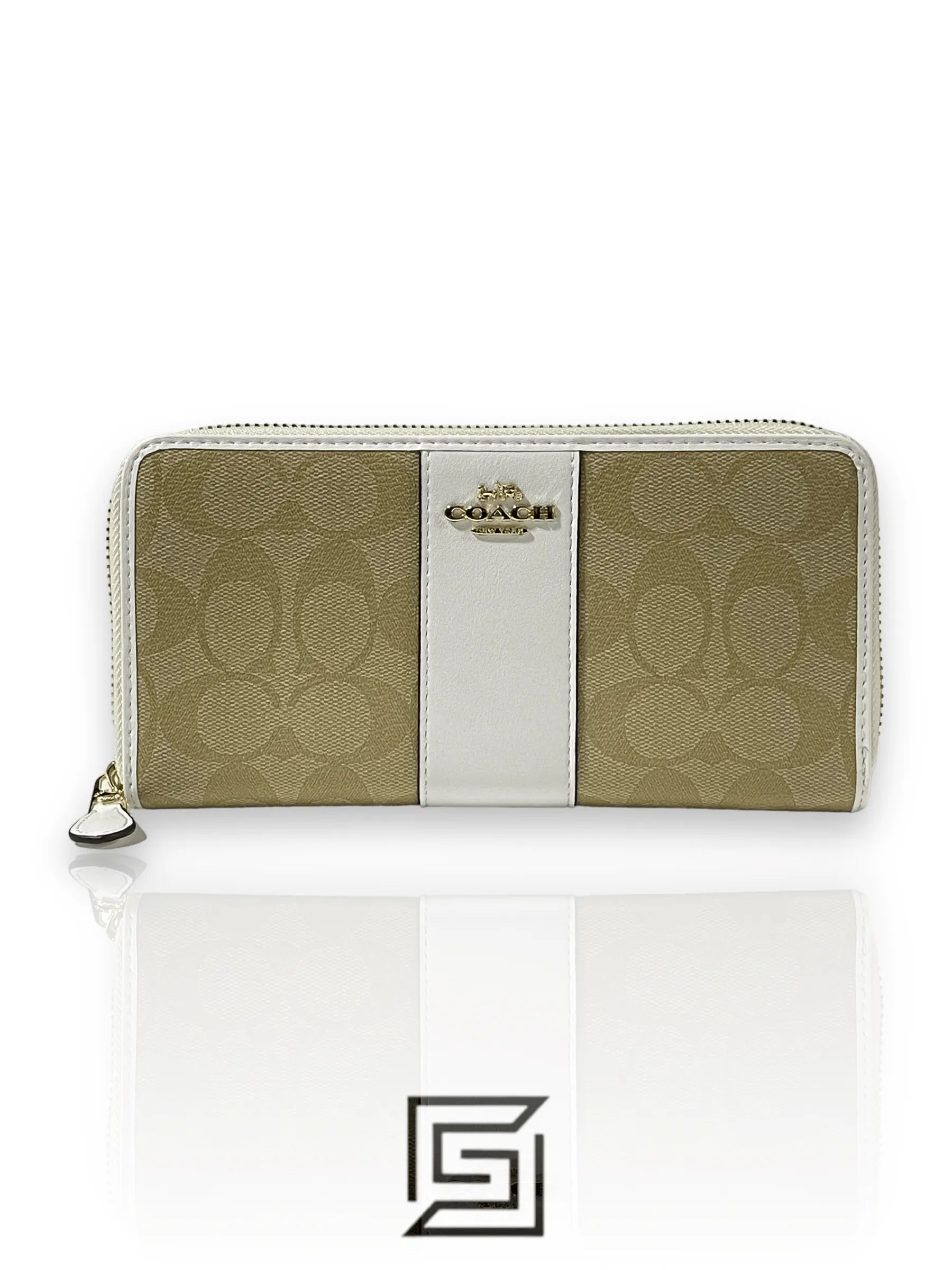 Coach Accordion Zip Wallet In Signature Canvas Khaki & White Style No. F54630