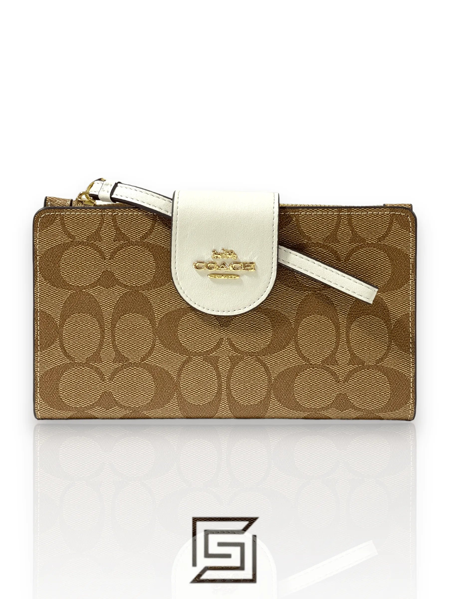 Coach wallets محفظة للهاتف بقماش الكانفاس الخاص المميز بثلاثة ألوان، لون بني × أبيض بنمط رقم C2874