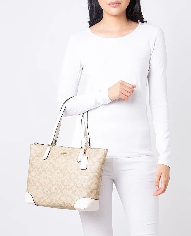 Coach leather Zip Top Tote In Signature Canvas White F29208