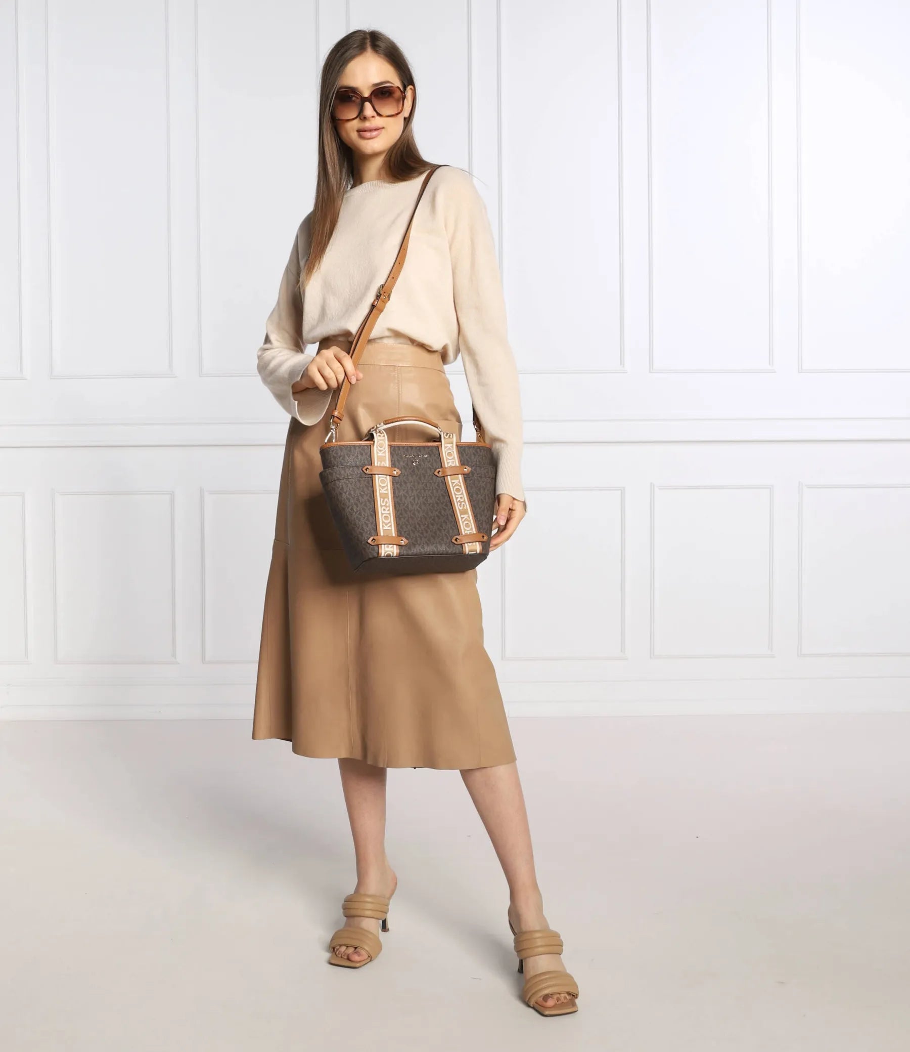 leather Michael Kors Maeve Small Bag with Logos For Women Model 30T2G5VT1B Brown, Brown/Acorn