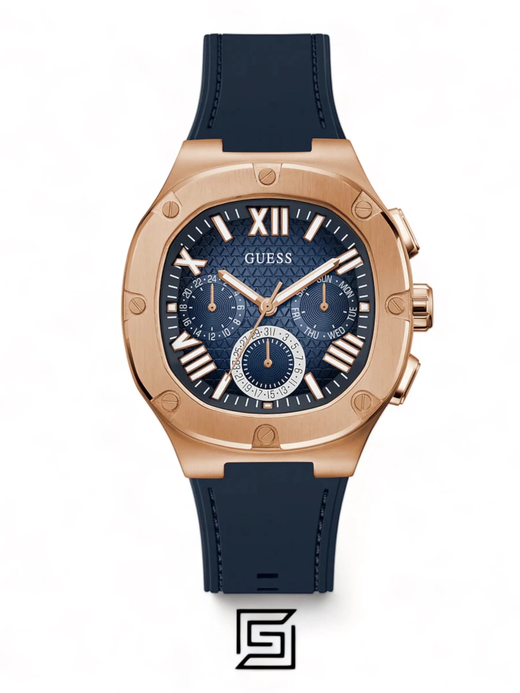 watches GUESS Mens Navy Rose Gold Tone Multi-function Watch GW0571G2