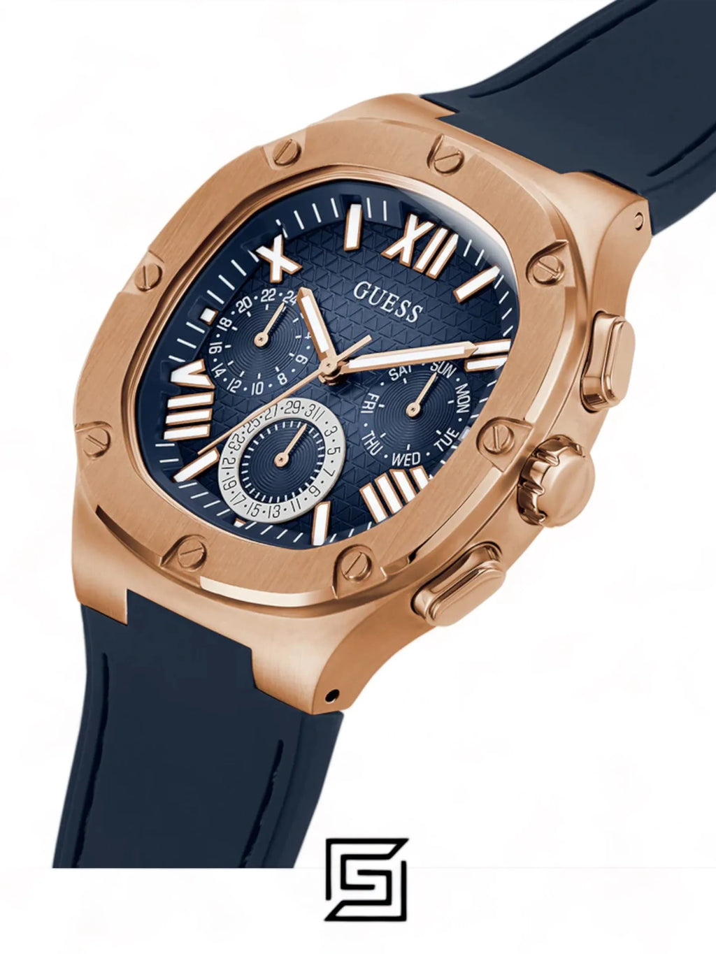 watches GUESS Mens Navy Rose Gold Tone Multi-function Watch GW0571G2