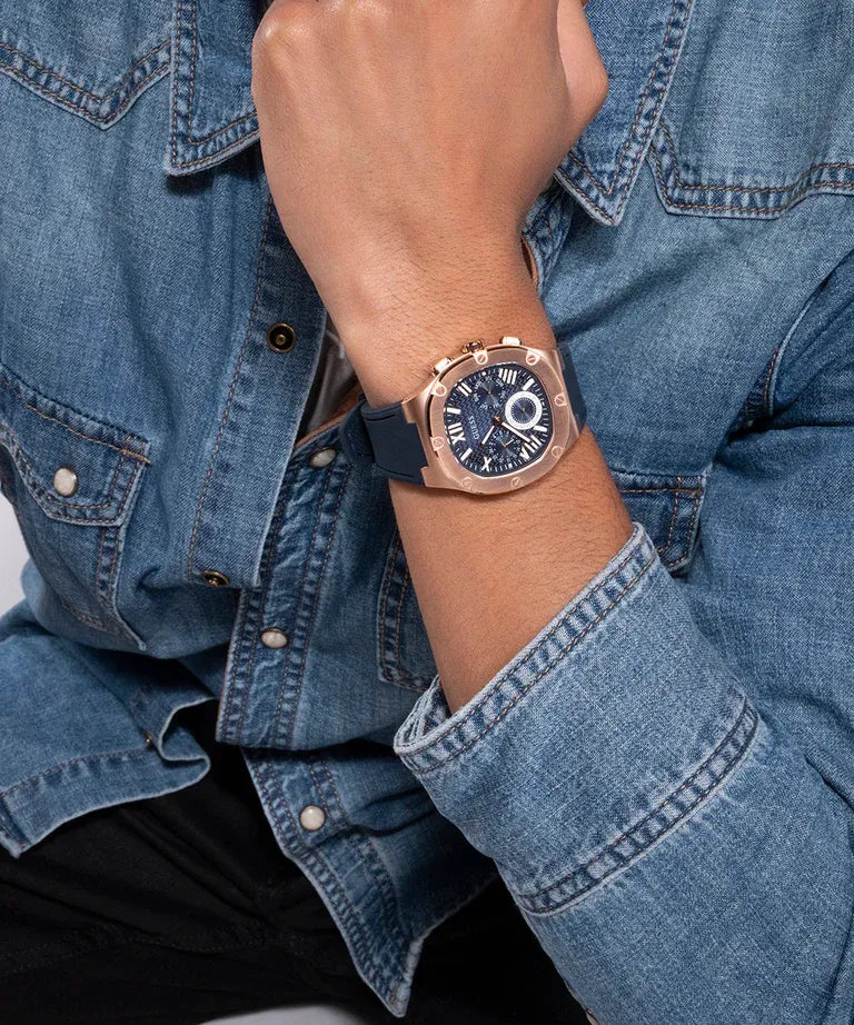 watches GUESS Mens Navy Rose Gold Tone Multi-function Watch GW0571G2