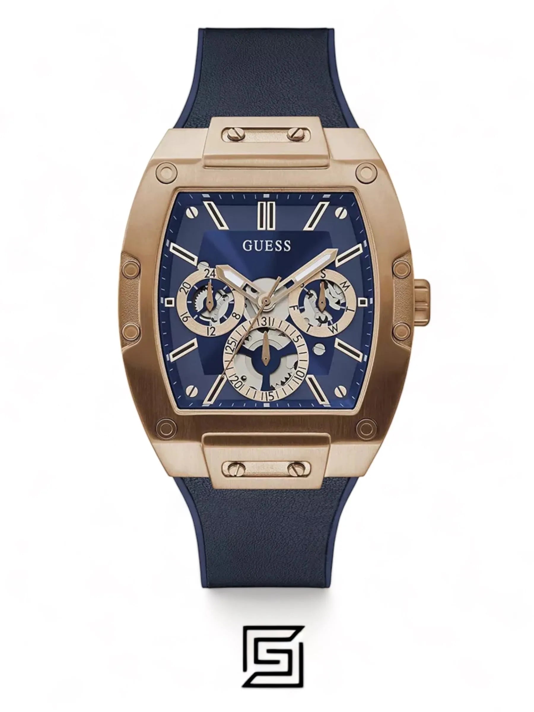 ساعة يد رجالية أصلية من Guess، ذهبية وردية، متعددة الوظائف، سوار أزرق - GW0202G4