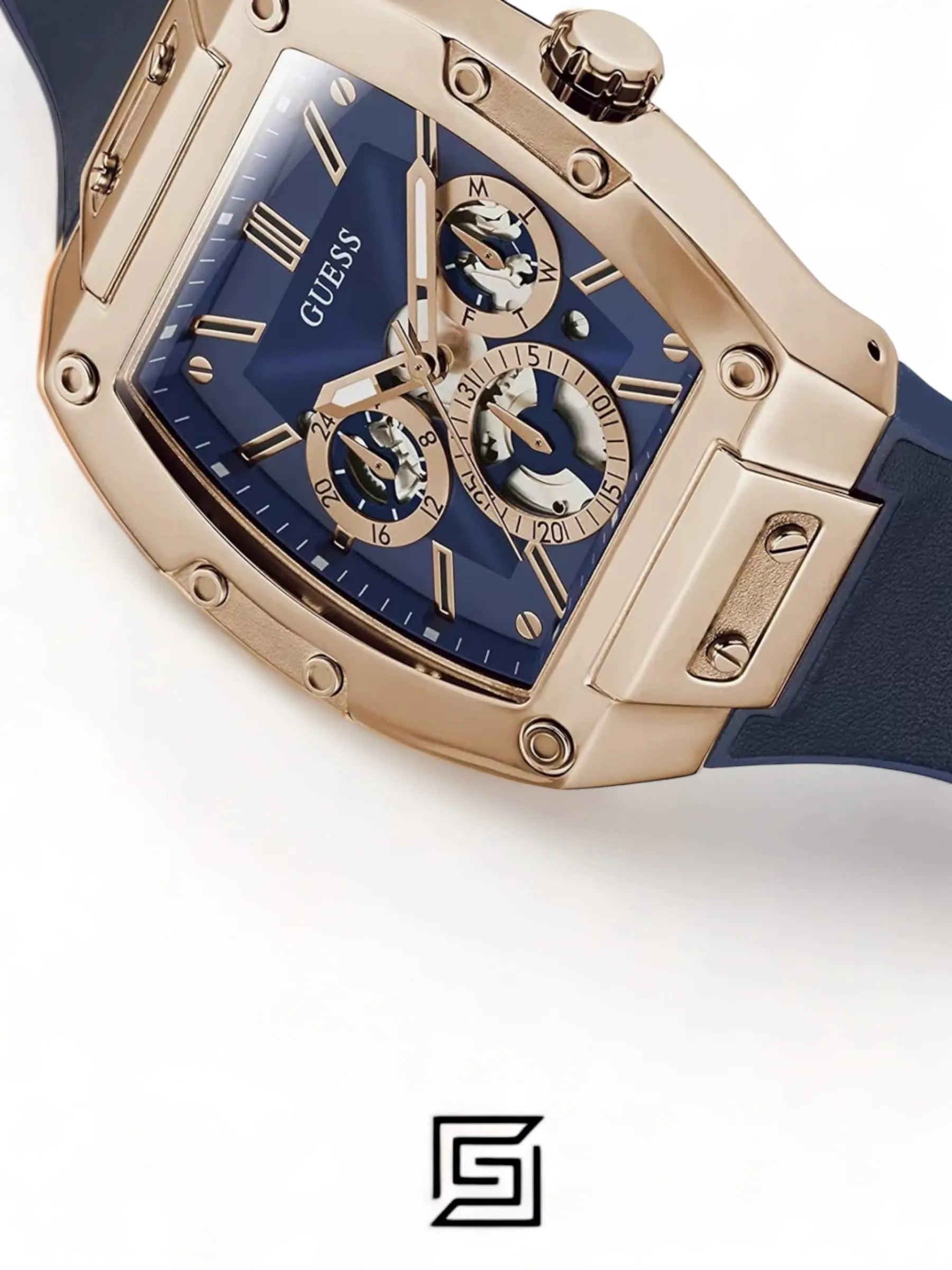 ساعة يد رجالية أصلية من Guess، ذهبية وردية، متعددة الوظائف، سوار أزرق - GW0202G4