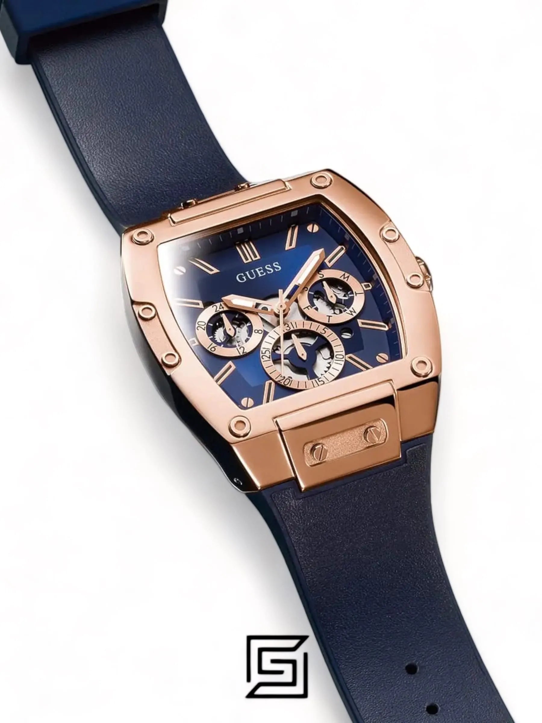 ساعة يد رجالية أصلية من Guess، ذهبية وردية، متعددة الوظائف، سوار أزرق - GW0202G4