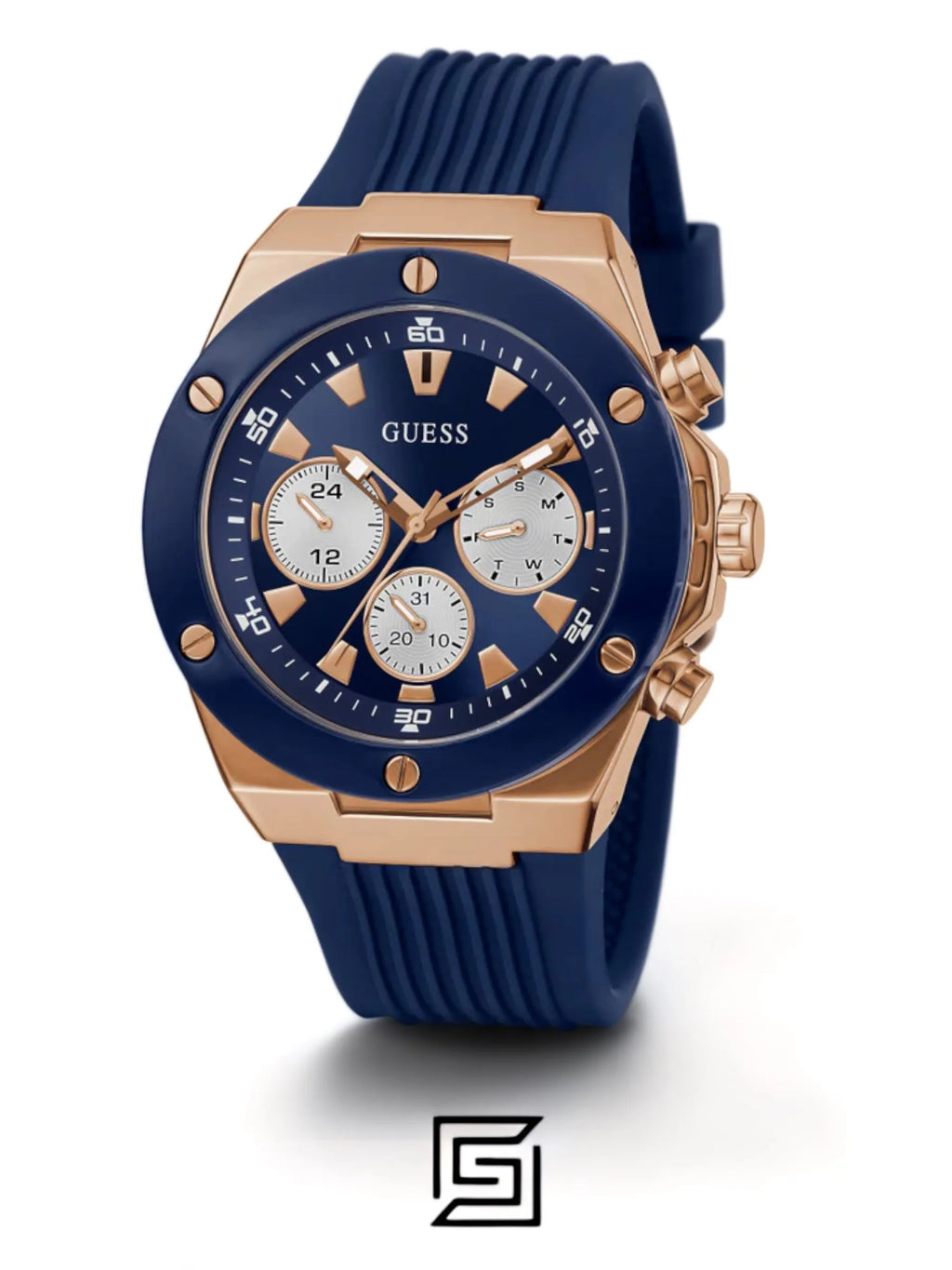 original-watches GUESS Mens Blue Rose Gold Tone Multi-function Watch GW0057G2