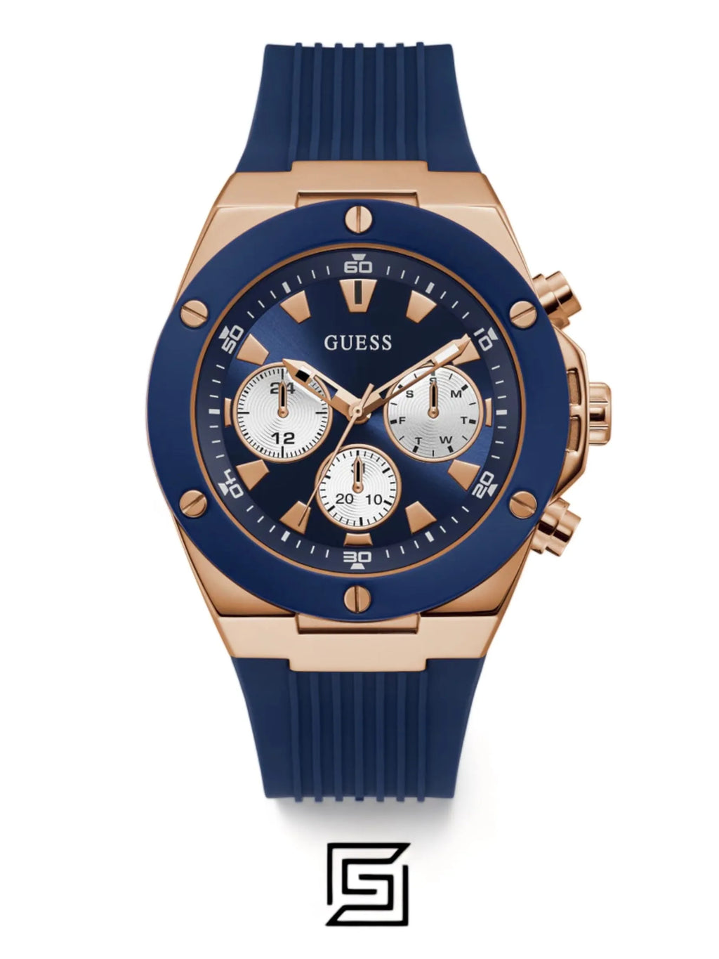 original-watches GUESS Mens Blue Rose Gold Tone Multi-function Watch GW0057G2