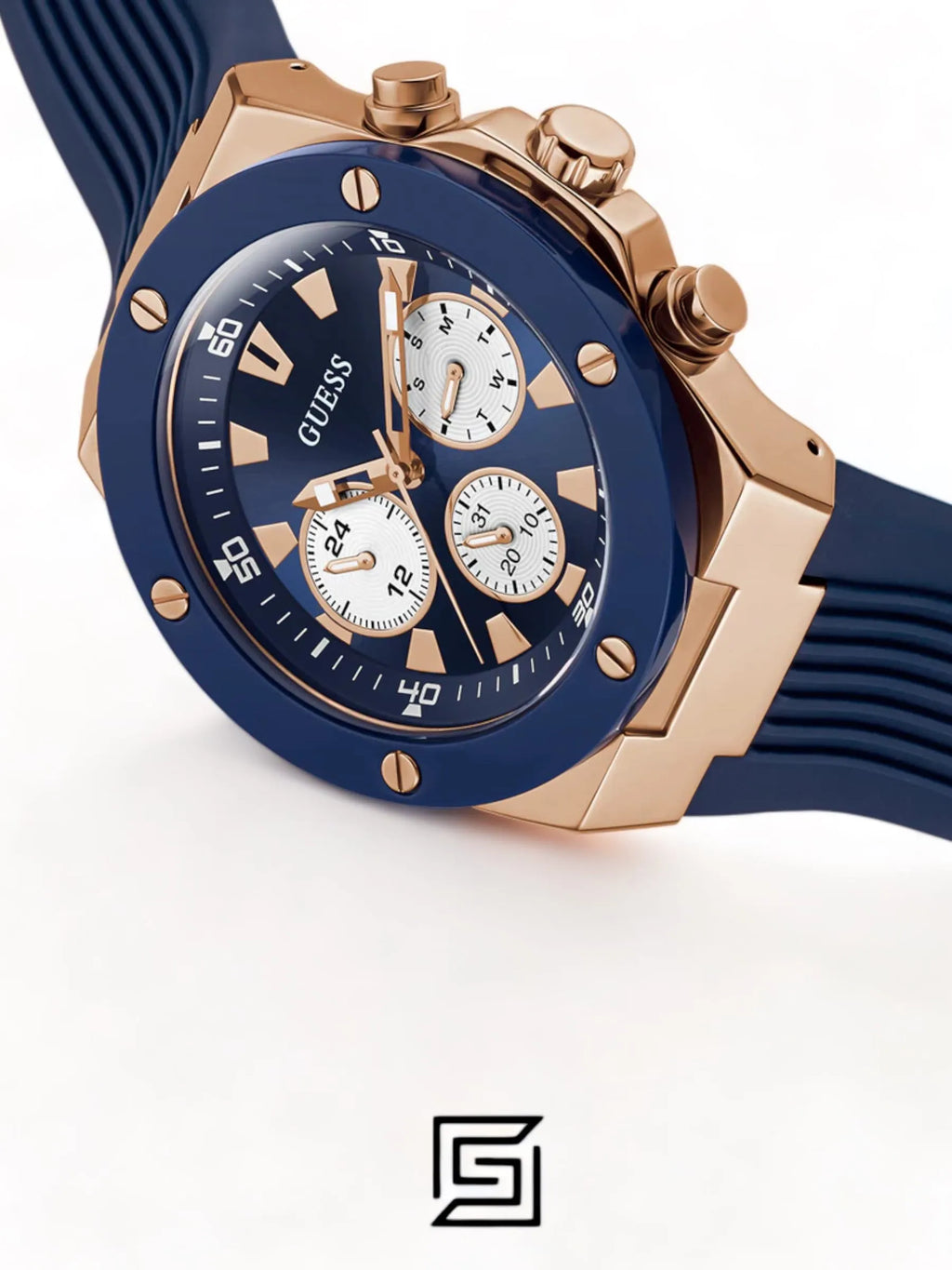 original-watches GUESS Mens Blue Rose Gold Tone Multi-function Watch GW0057G2