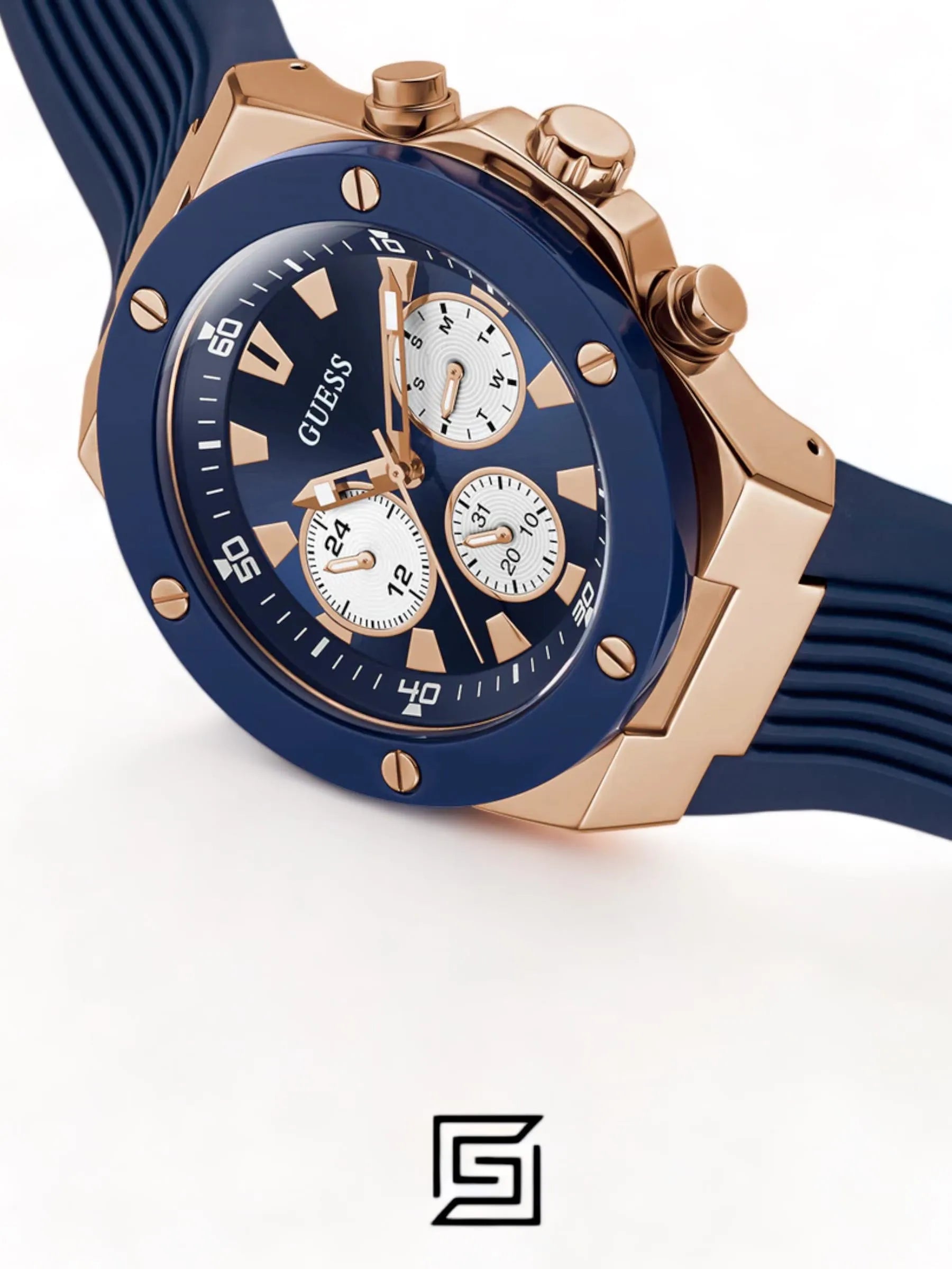 original-watches GUESS Mens Blue Rose Gold Tone Multi-function Watch GW0057G2
