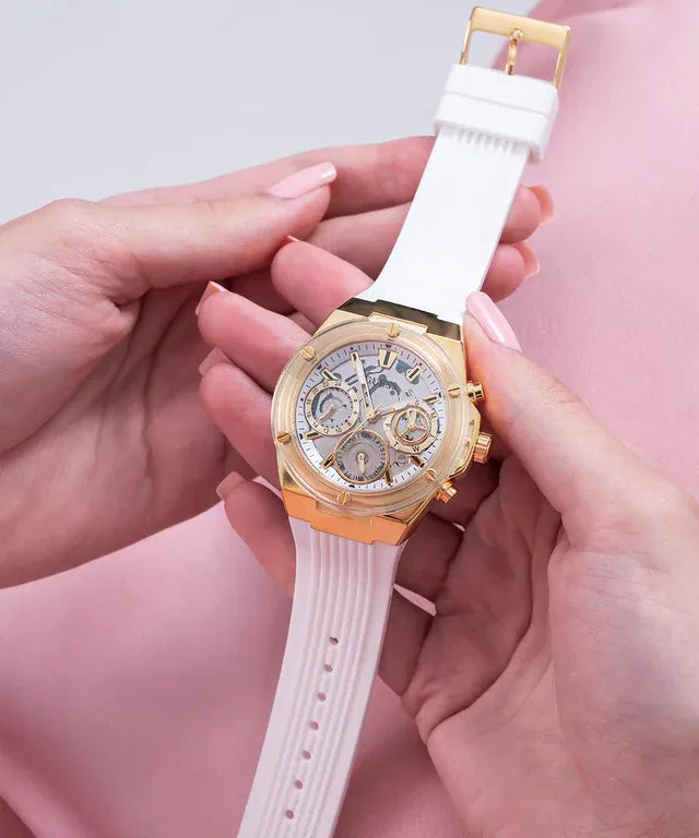 Guess original-watches ساعة بيولوجية بيضاء وذهبية صديقة للبيئة GW0409L2