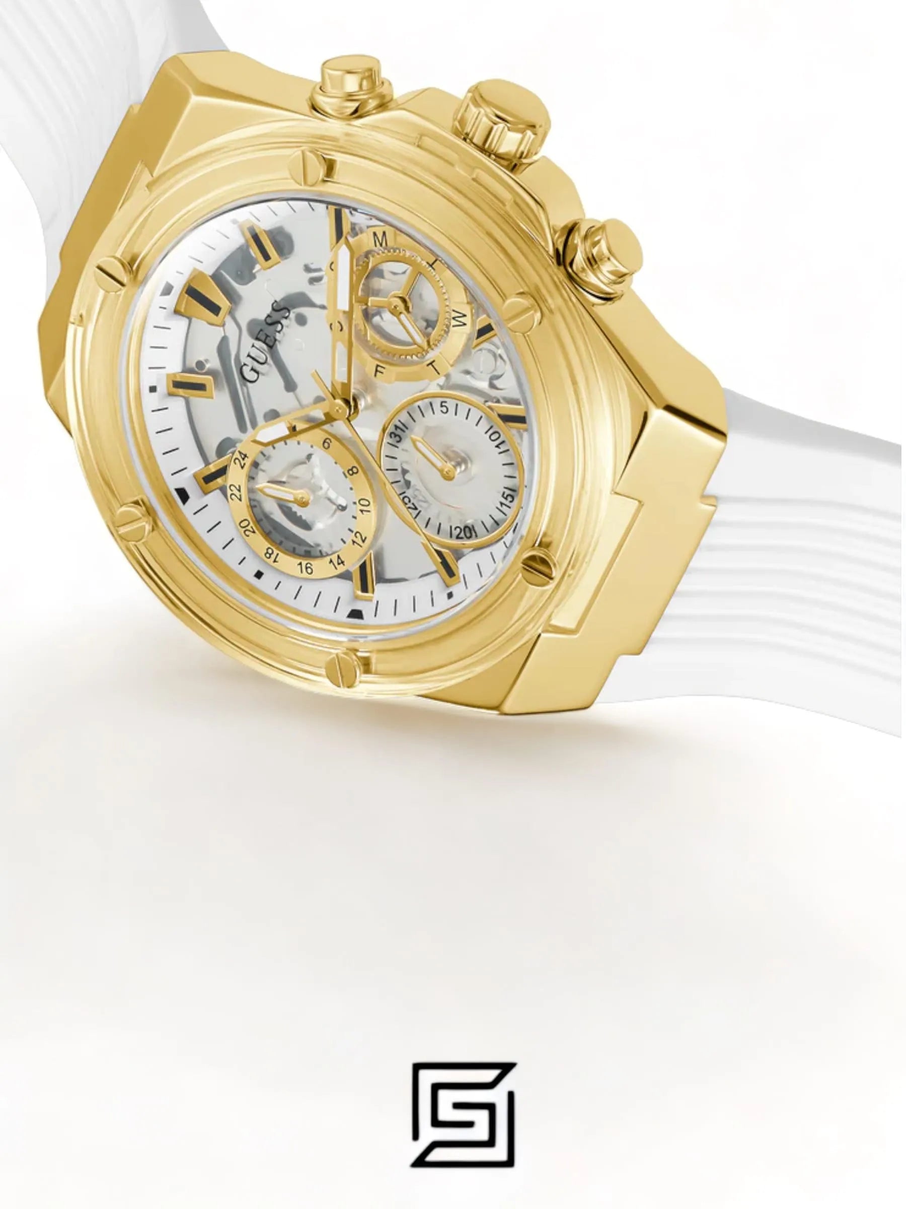 Guess original-watches ساعة بيولوجية بيضاء وذهبية صديقة للبيئة GW0409L2