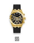 GUESS MEN GOLD TONE Analog  RUBERR BLACK BAND Watch GW0262G2