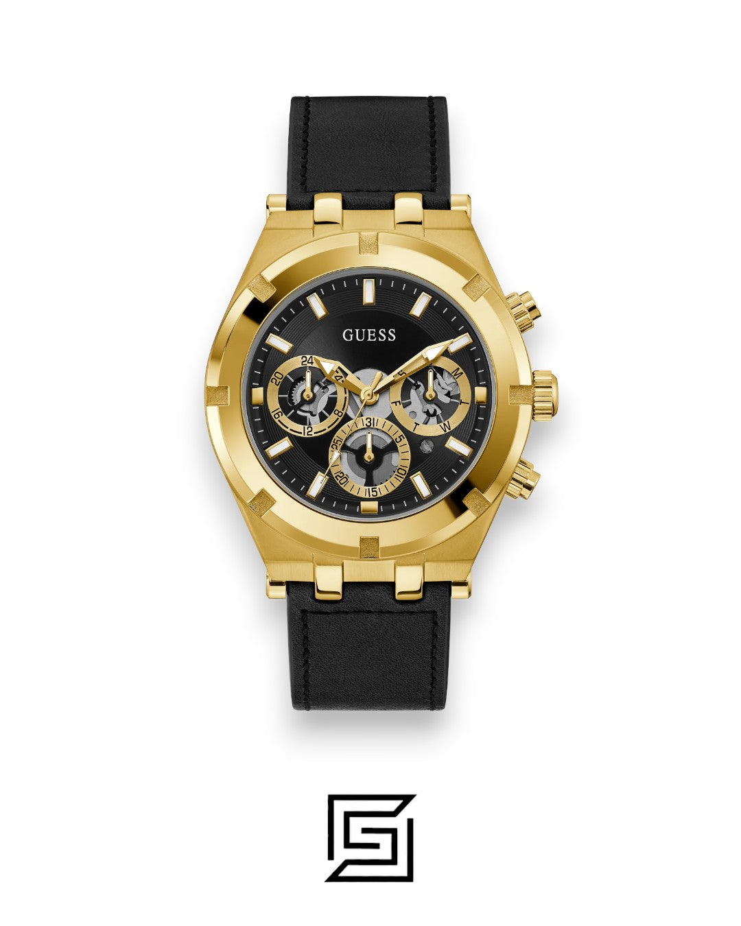 GUESS MEN GOLD TONE Analog  RUBERR BLACK BAND Watch GW0262G2
