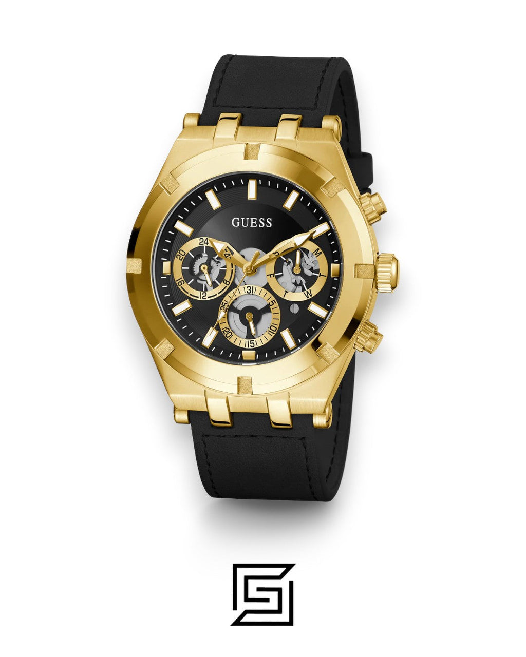 GUESS MEN GOLD TONE Analog  RUBERR BLACK BAND Watch GW0262G2