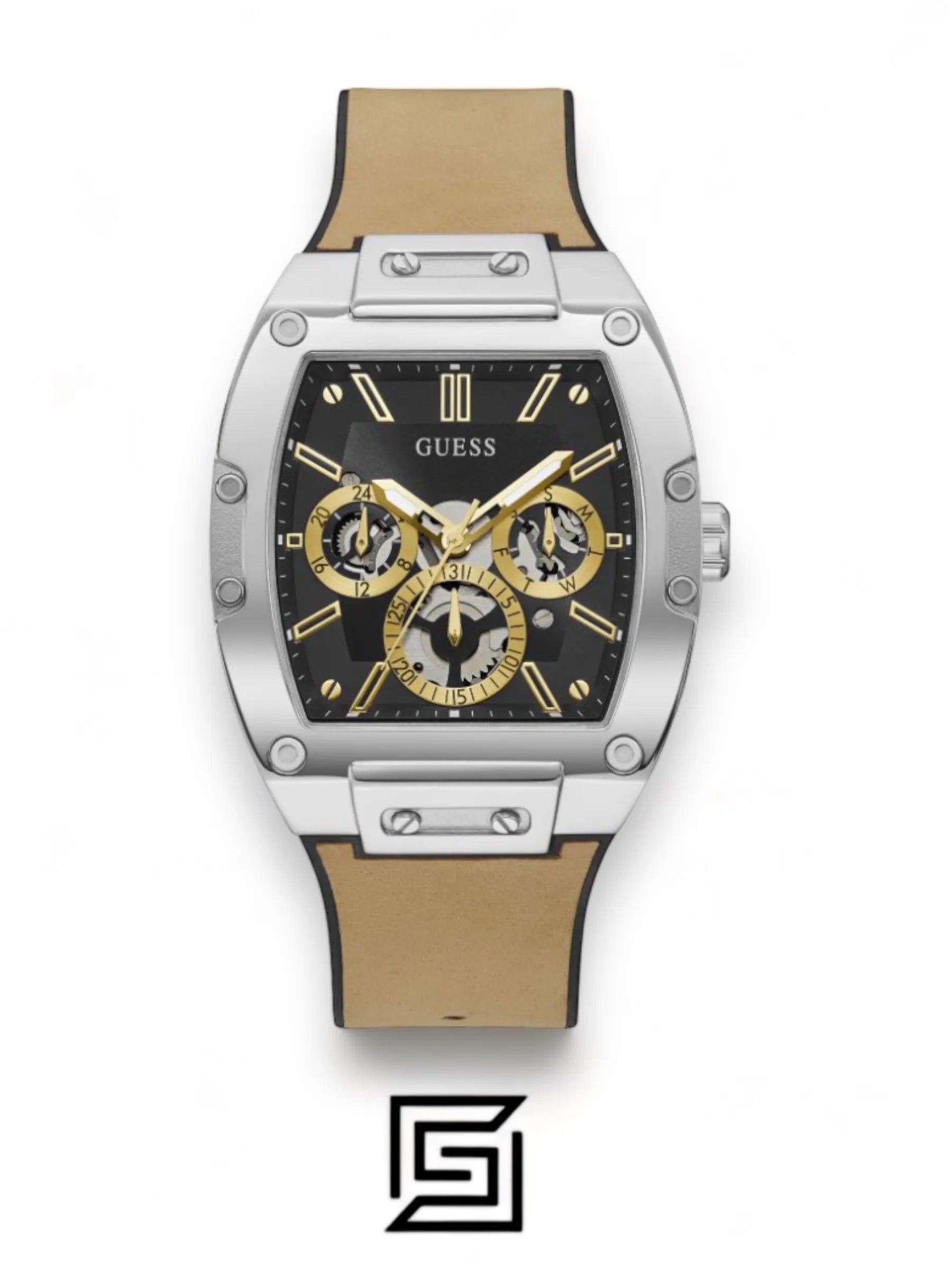 original-watches GUESS Mens Beige Silver Tone Multi-function Watch - GW0202G3