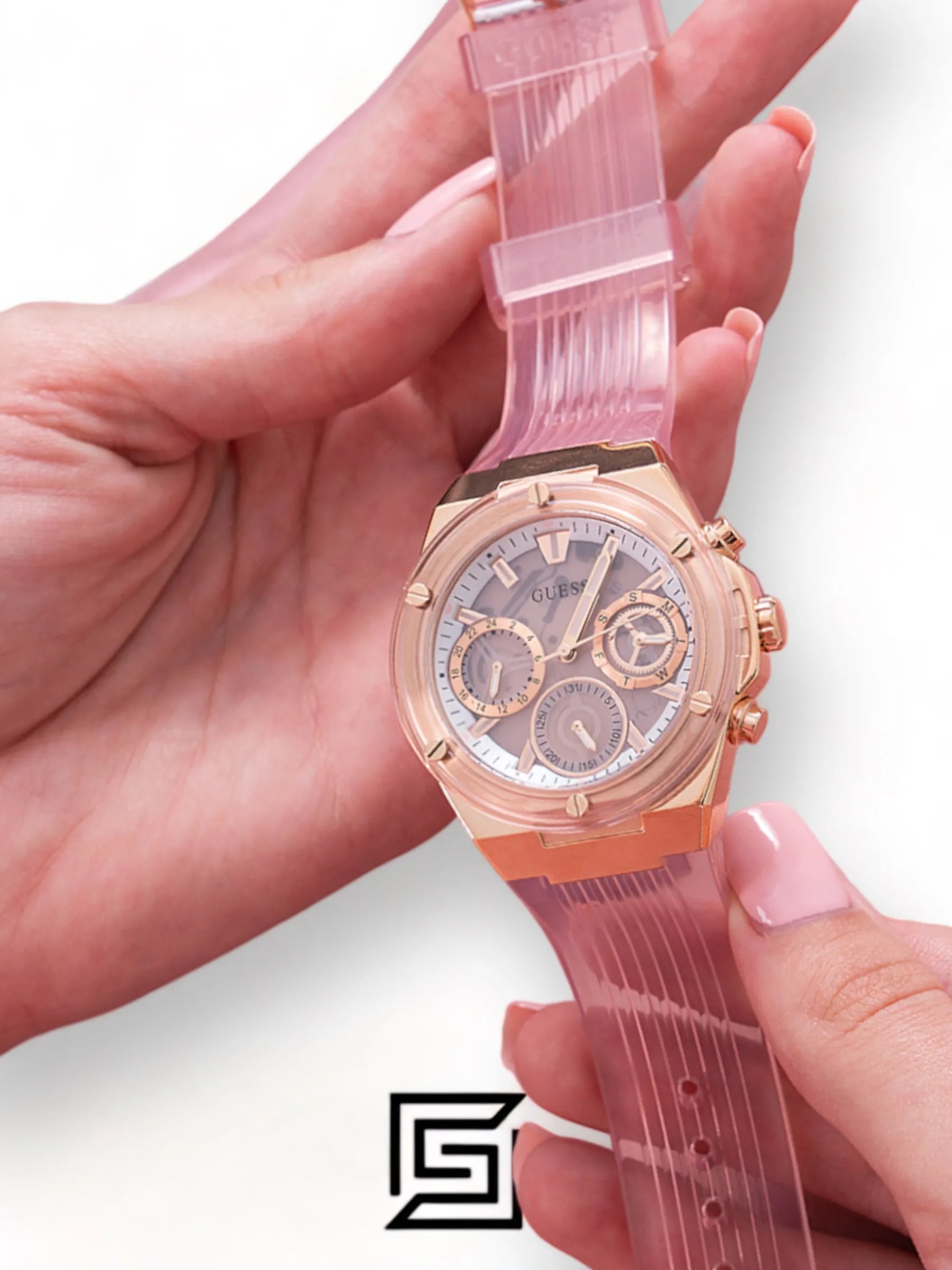 Guess original-watches ساعة يد نسائية متعددة الوظائف بمينا وردي من البولي يوريثان GW0409L3