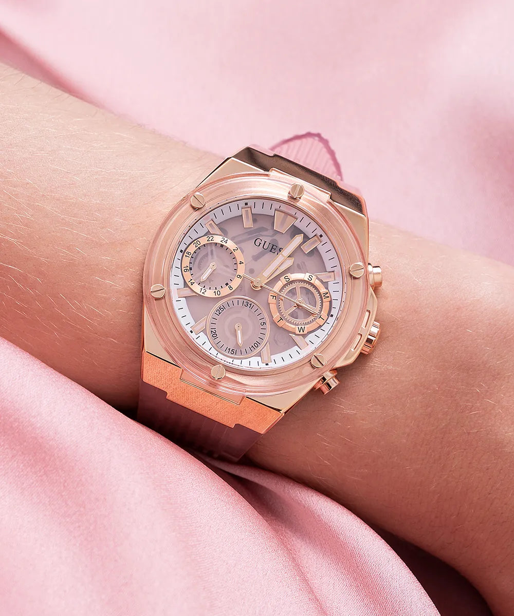 Guess original-watches ساعة يد نسائية متعددة الوظائف بمينا وردي من البولي يوريثان GW0409L3