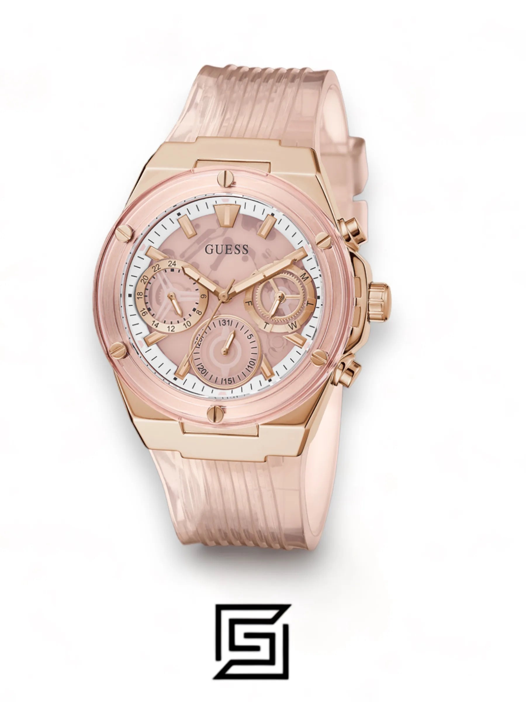 Guess original-watches ساعة يد نسائية متعددة الوظائف بمينا وردي من البولي يوريثان GW0409L3