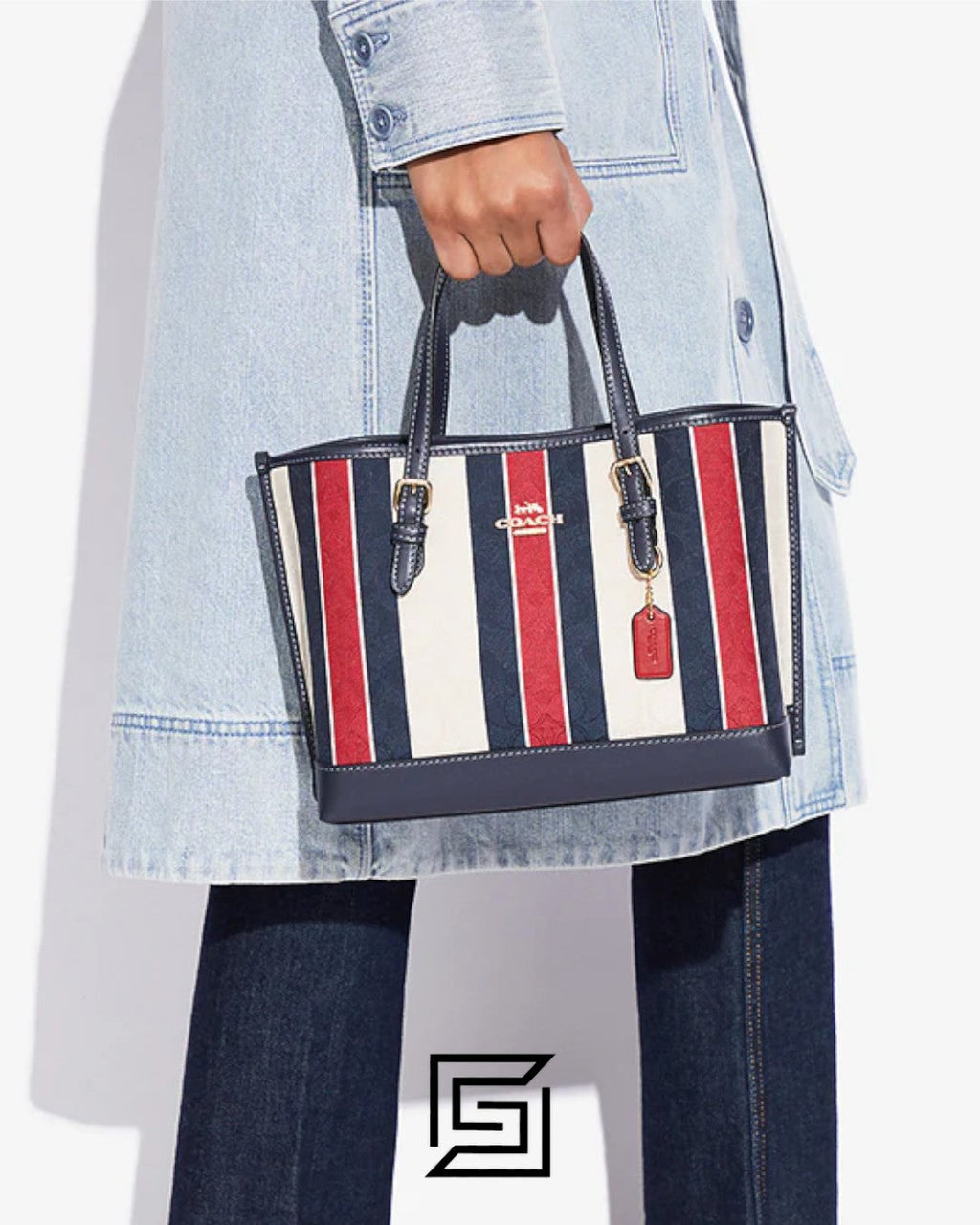 Coach Mollie Tote 25 In Signature Jacquard With Stripes Gold/Chalk Multi CB570