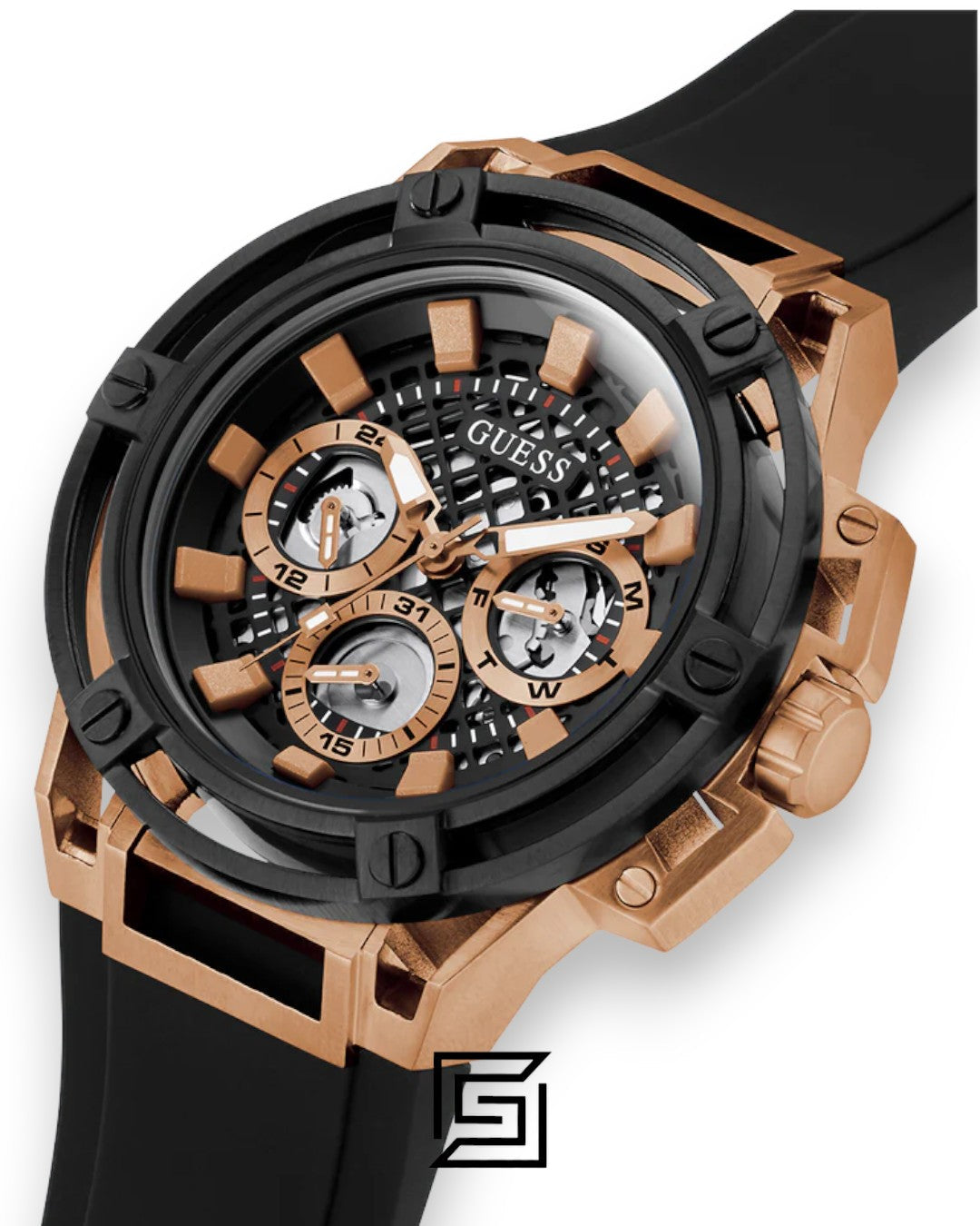 GUESS MEN BLACK X ROSE GOLD TOW TONE Analog Watch -GW0423G5