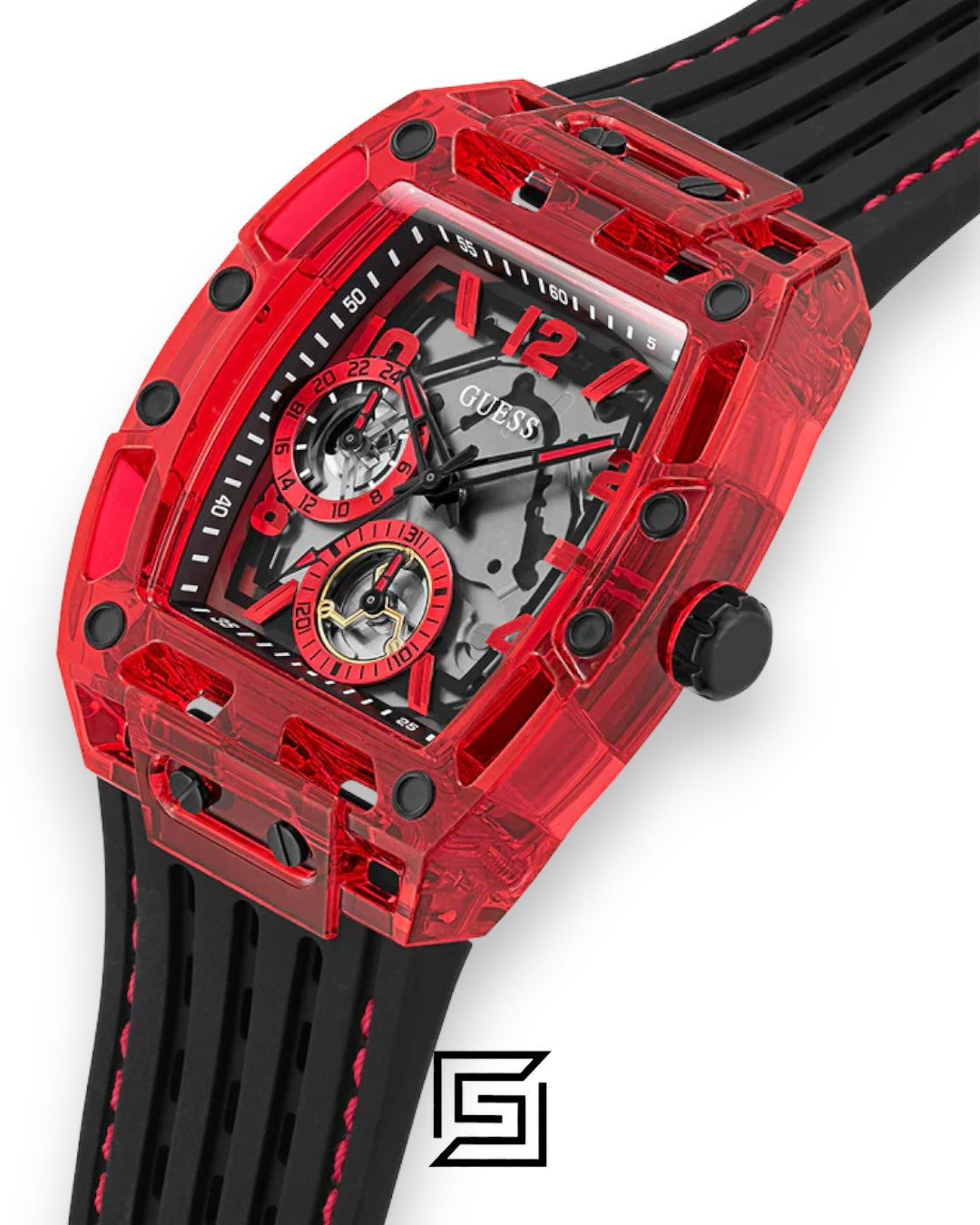 GUESS MEN RED Tone Analog Band Color BLACK WATCH GW0499G4