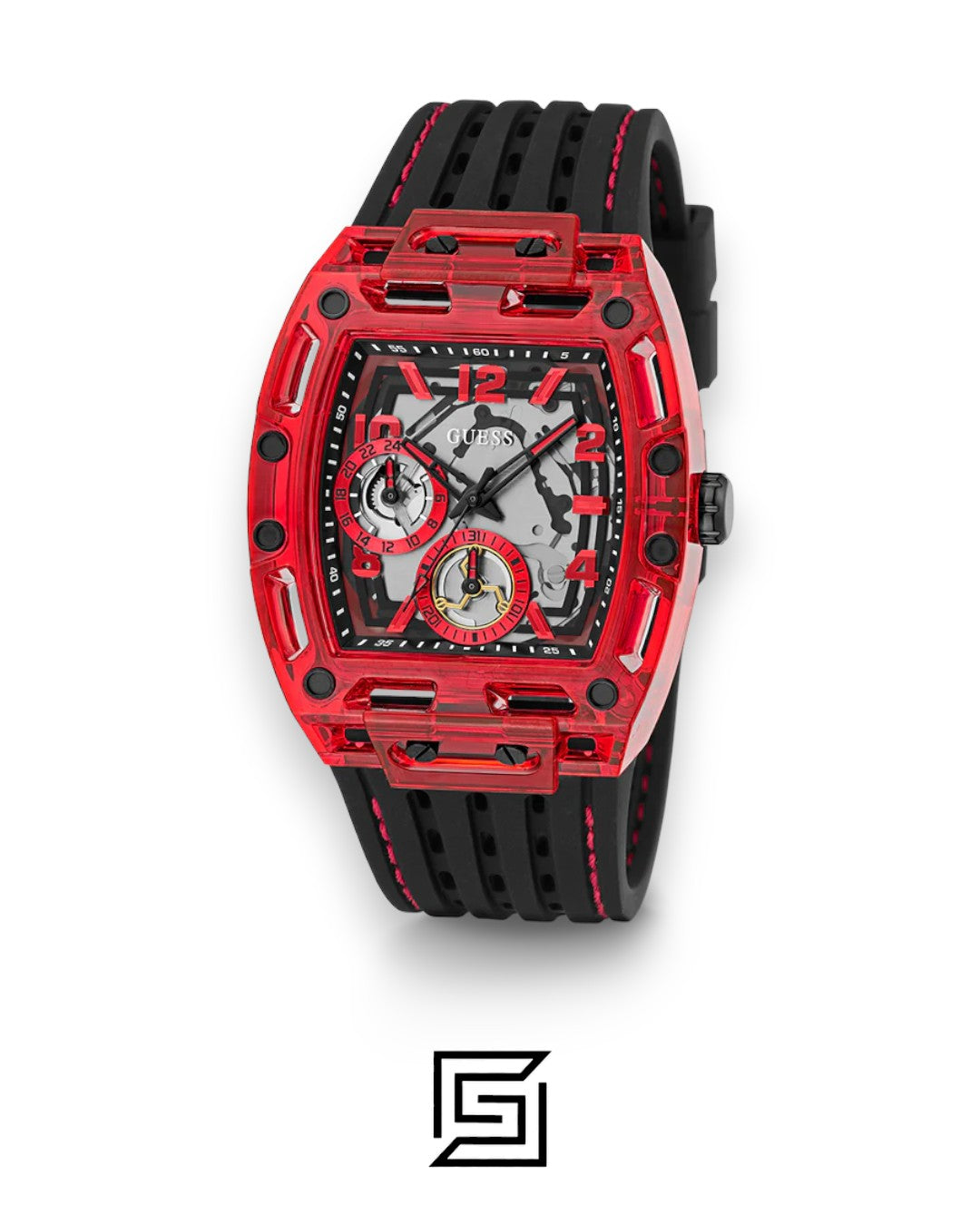 GUESS MEN RED Tone Analog Band Color BLACK WATCH GW0499G4