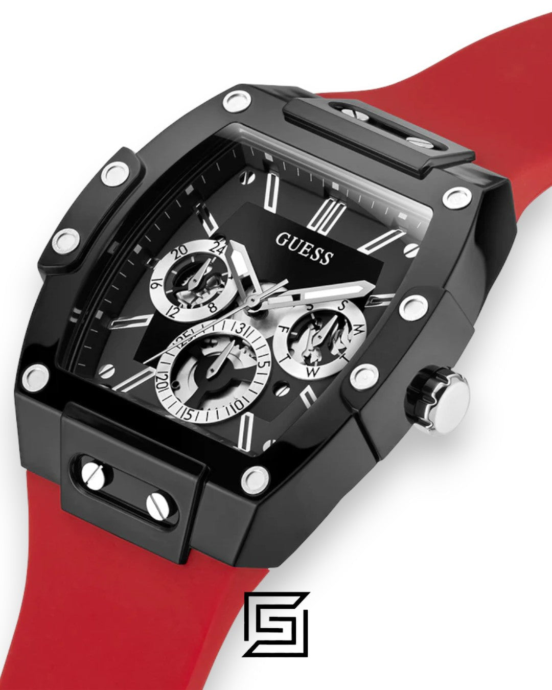 GUESS MEN BLACK Tone Analog Band Color	Red WATCH GW0203G4