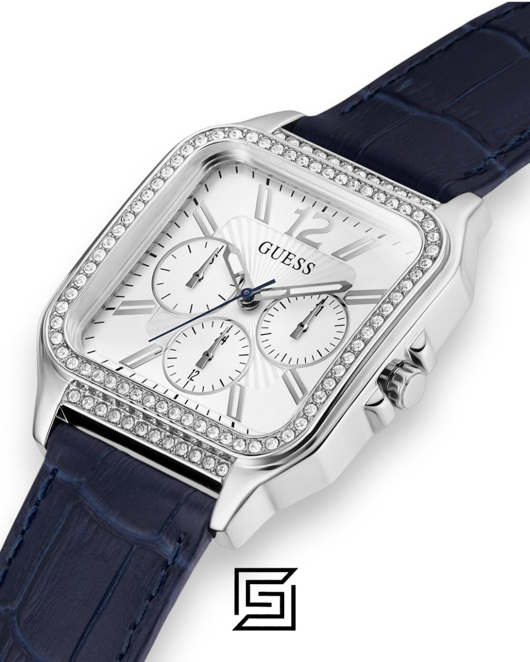 GUESS Ladies SILVER Tone Analog BAND Leather BLUE Watch GW0309L1