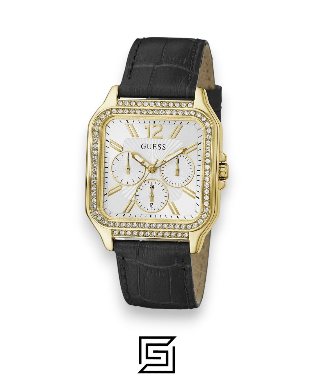 GUESS Ladies GOLD Tone Analog BAND Leather BLACK Watch GW0309L2