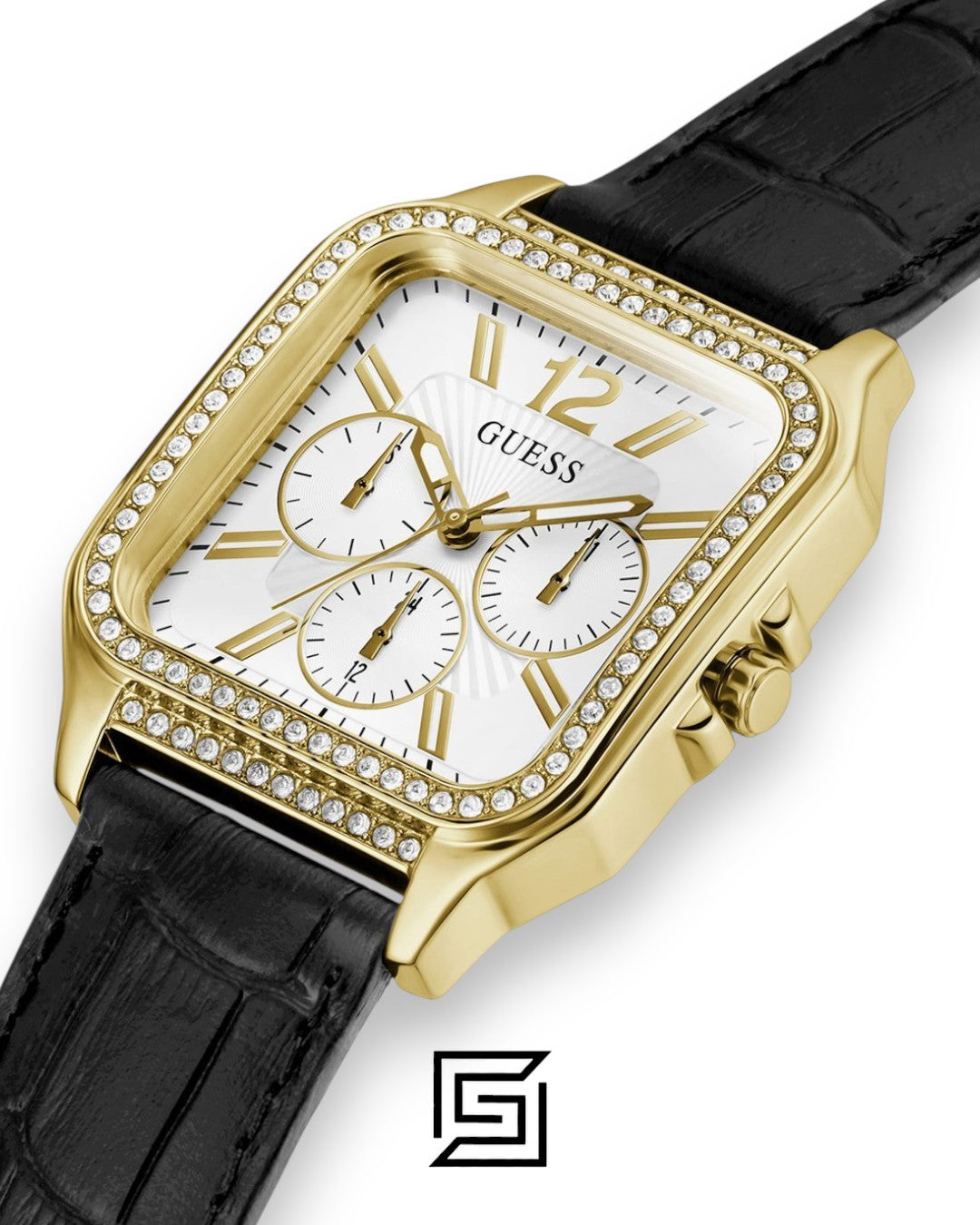 GUESS Ladies GOLD Tone Analog BAND Leather BLACK Watch GW0309L2