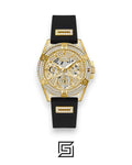 GUESS Ladies Gold Tone Analog Band BLACK Silicone Watch  GW0536L3