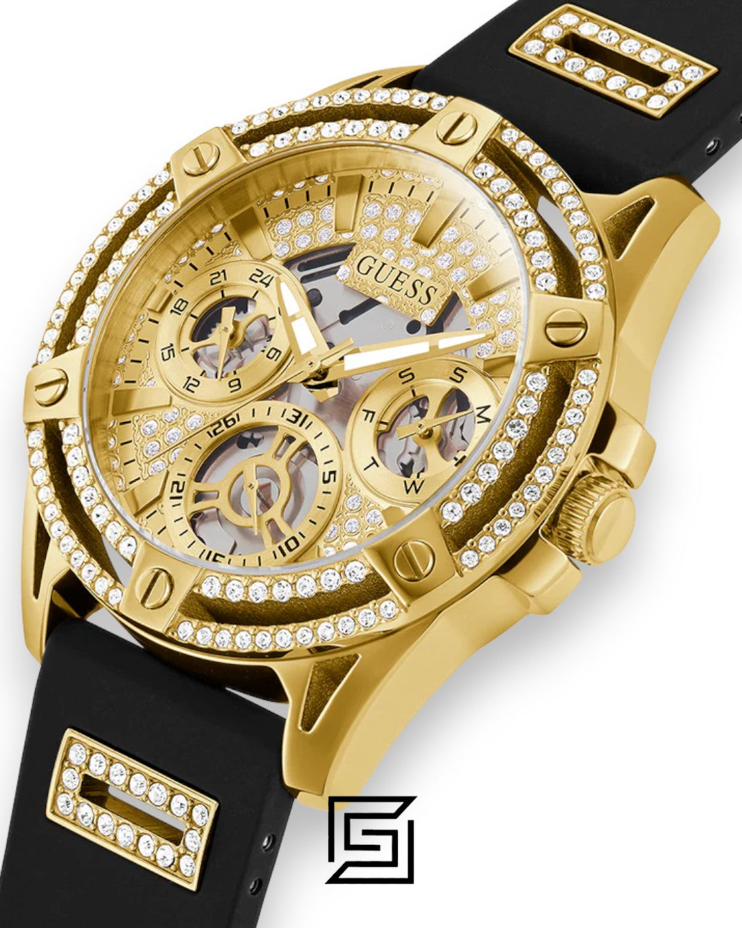 GUESS Ladies Gold Tone Analog Band BLACK Silicone Watch  GW0536L3