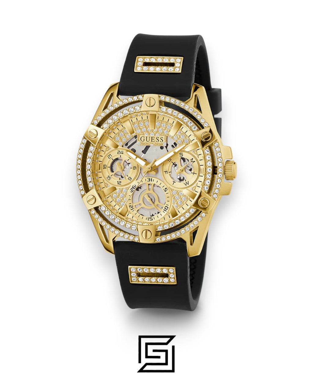 GUESS Ladies Gold Tone Analog Band BLACK Silicone Watch  GW0536L3
