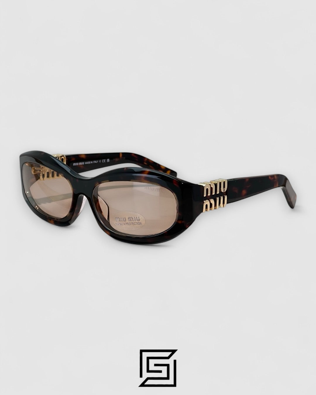Miu Miu MU14 141-90H عدسات بنية فاتحة وإطار بني مخطط مع شعار ذهبي