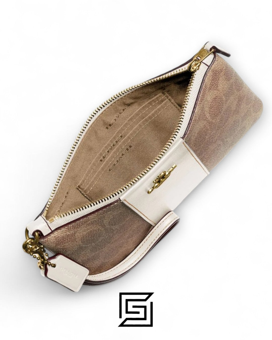 Coach Small Wristlet In Colorblock Signature Canva Brown x White No. F32445