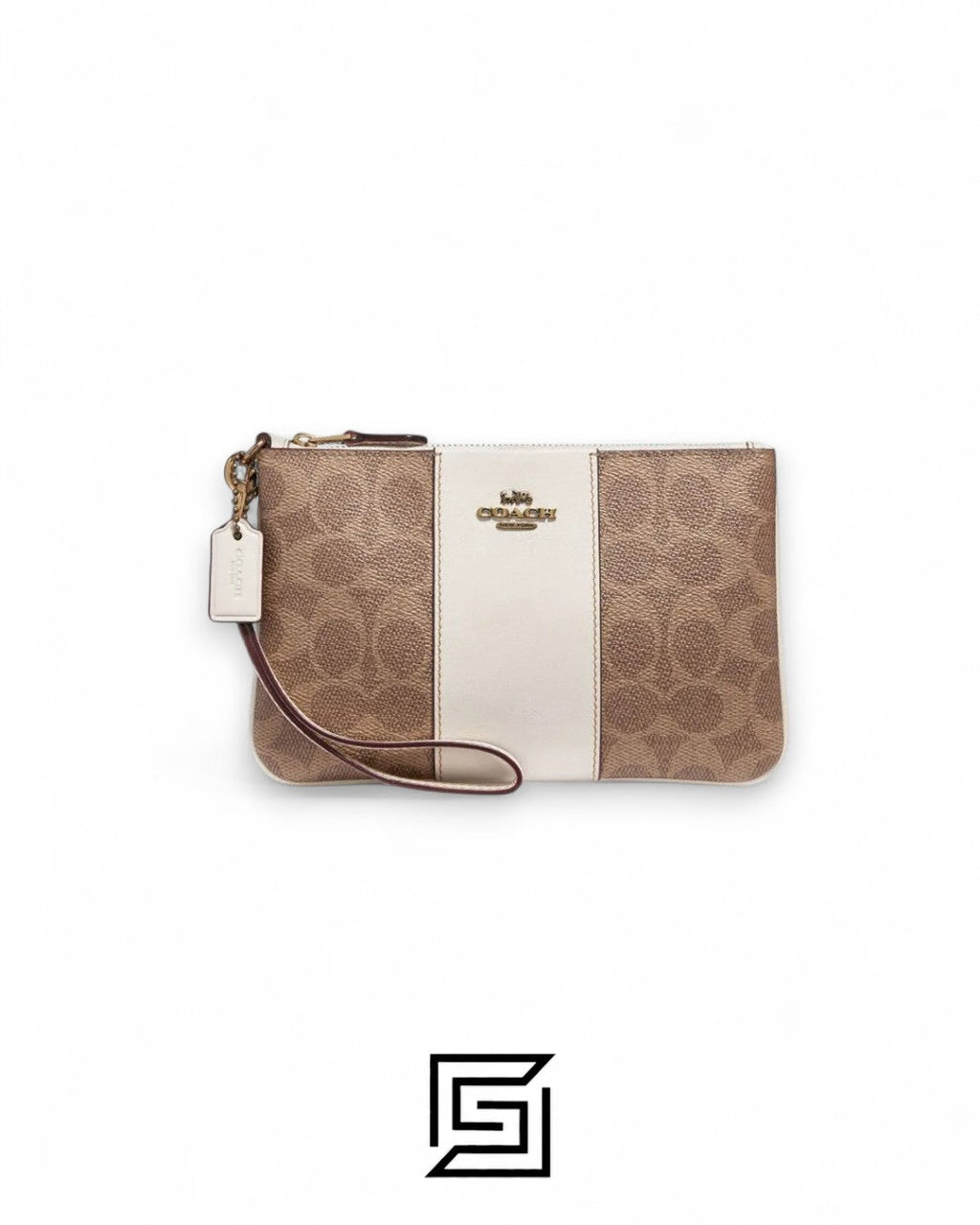 Coach Small Wristlet In Colorblock Signature Canva Brown x White No. F32445