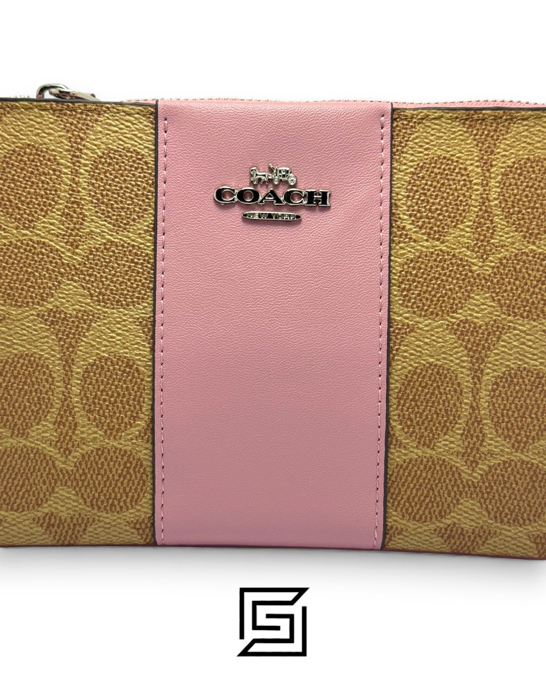 Coach Small Wristlet In Colorblock Signature Canva Brown x Pink No. F32445