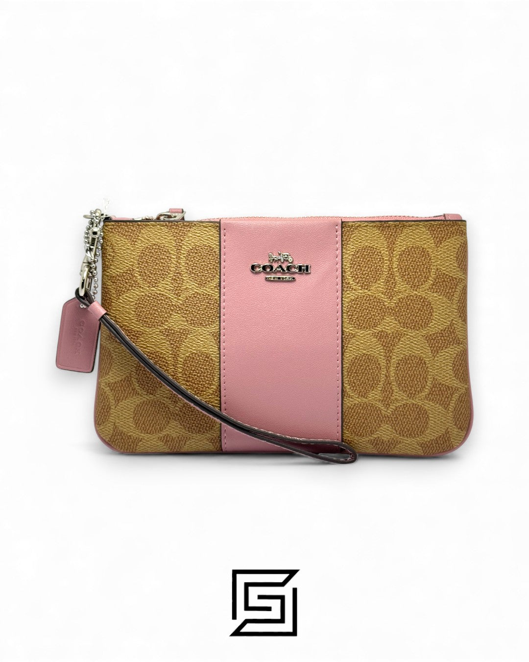 Coach Small Wristlet In Colorblock Signature Canva Brown x Pink No. F32445