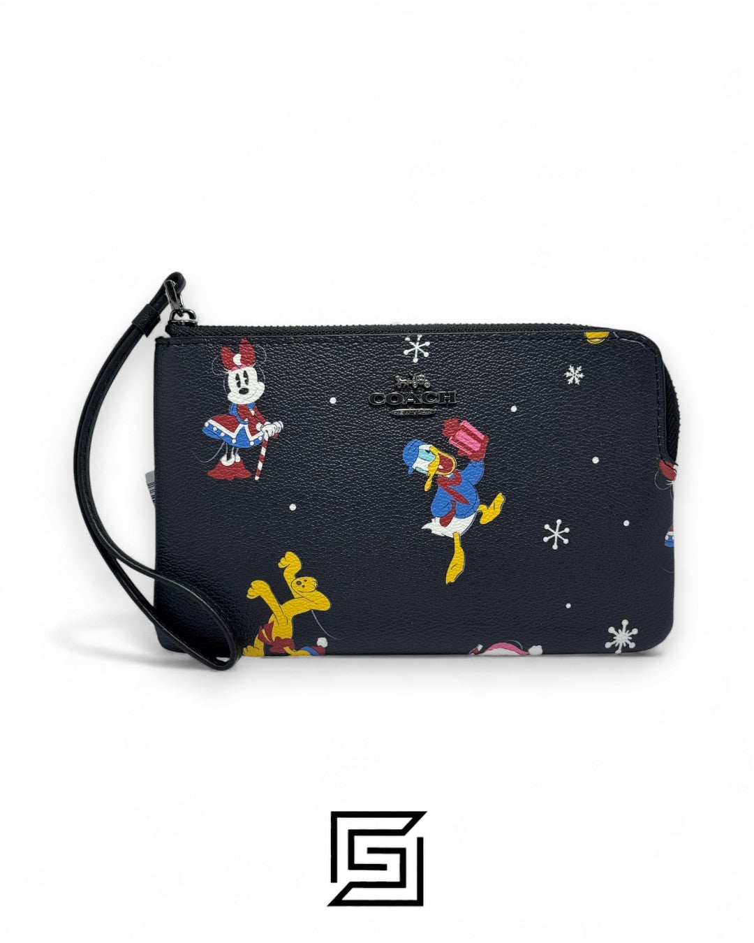 Coach Corner Zip Wristlet In Leather With Disney Holiday Print Black Style No. CN031