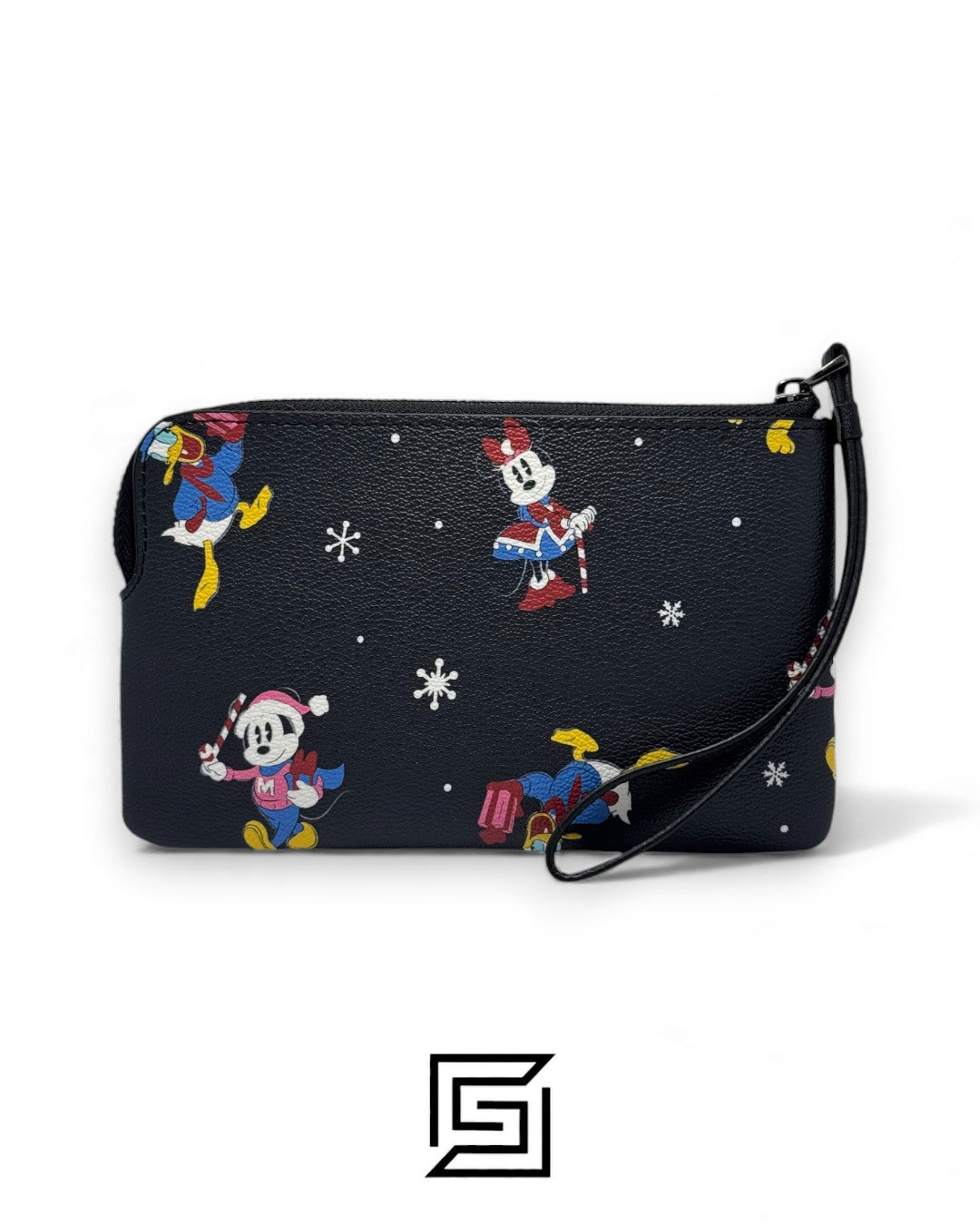 Coach Corner Zip Wristlet In Leather With Disney Holiday Print Black Style No. CN031