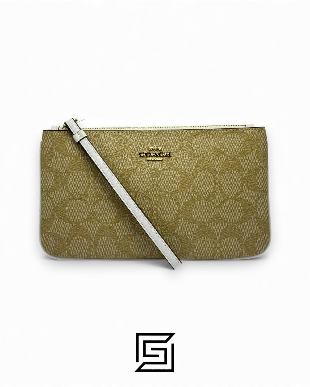 Coach Large Wristlet In Signature Canvas Khaki x White Style No. F58695