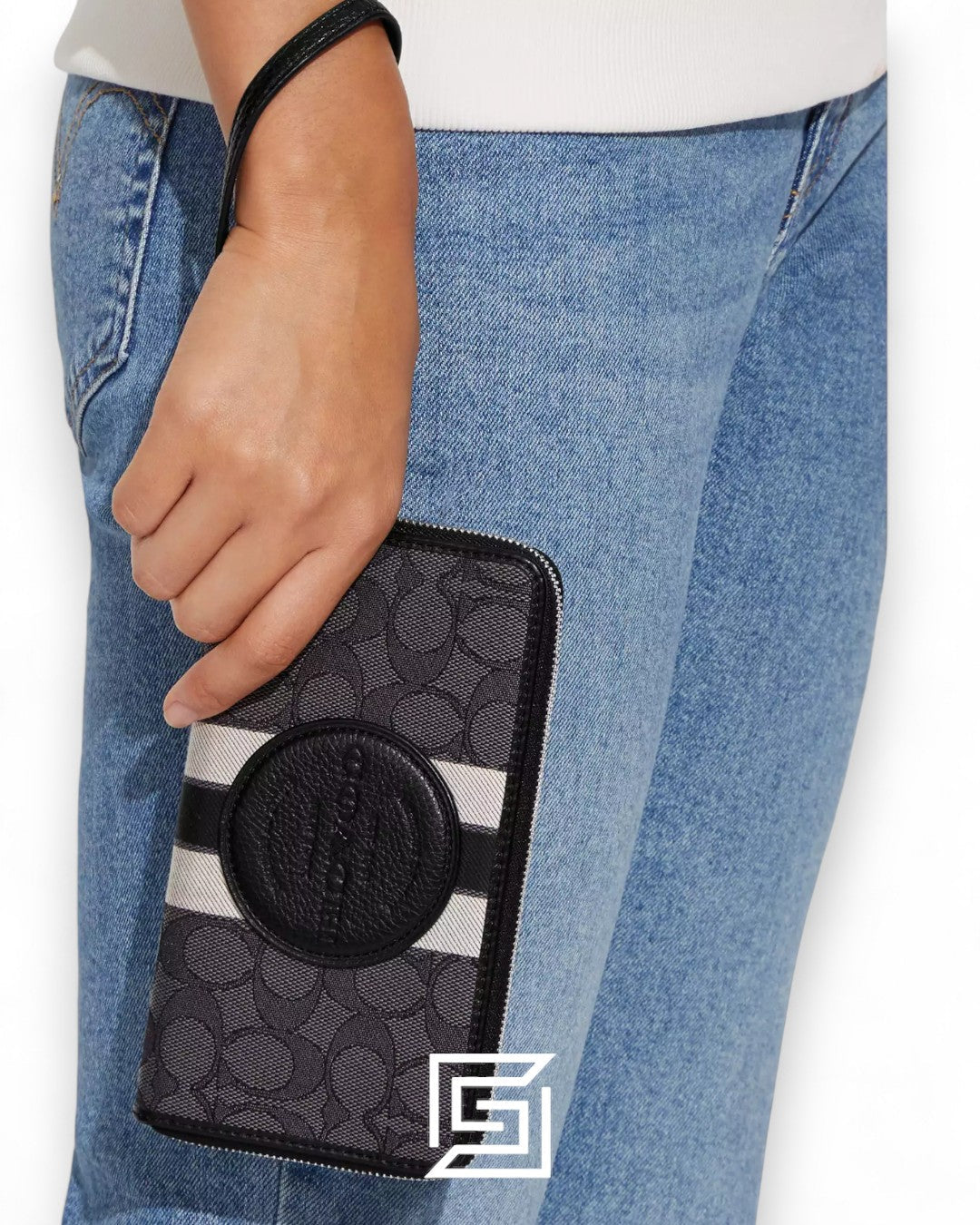 Coach Dempsey Large Phone Wallet In Signature Jacquard With Stripe And Coach Patch Black Style No. C4110