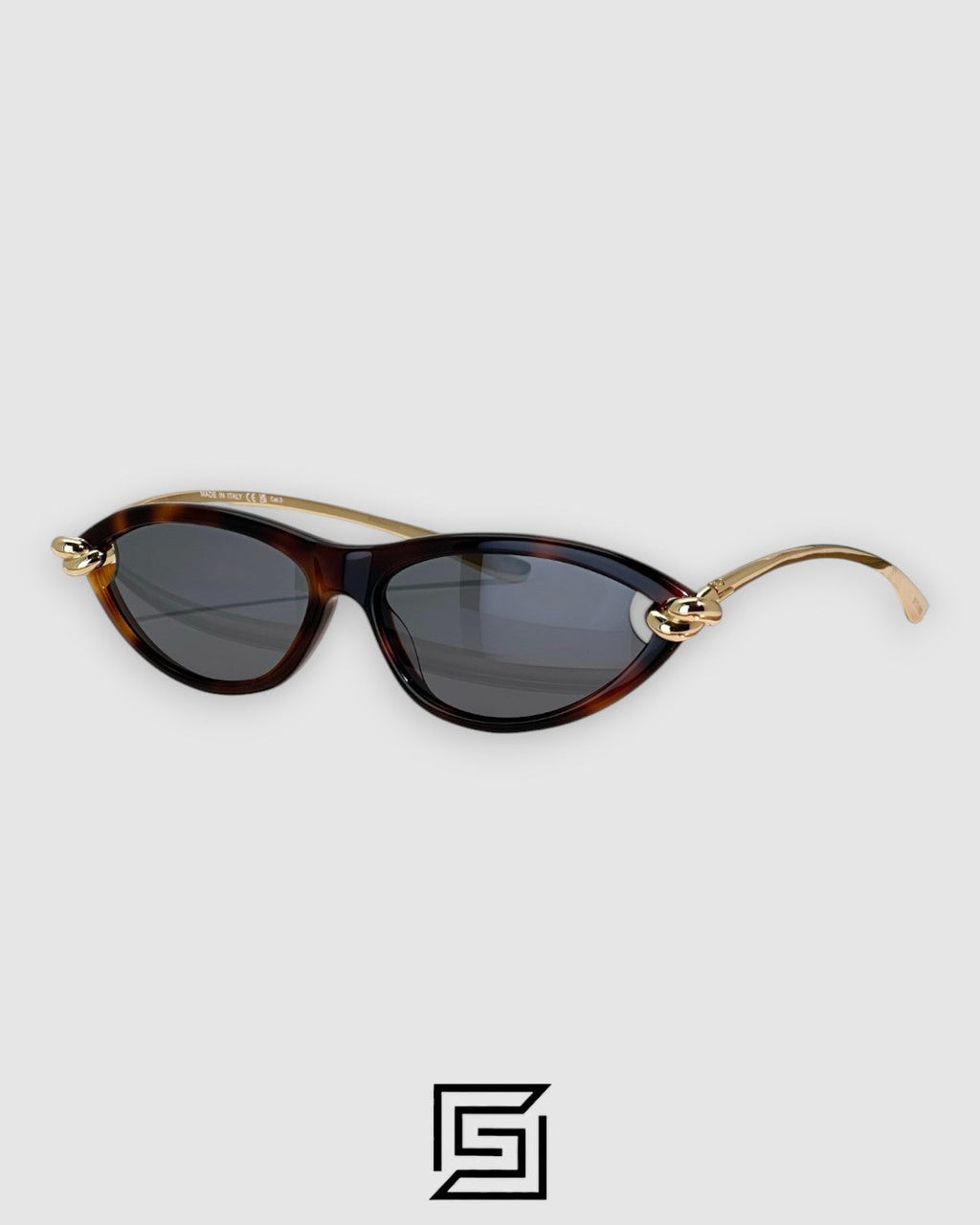 Bottega Veneta BV1390S 008 Black Lenses With Tiger Brown Frame Gold Arm Sunglasses