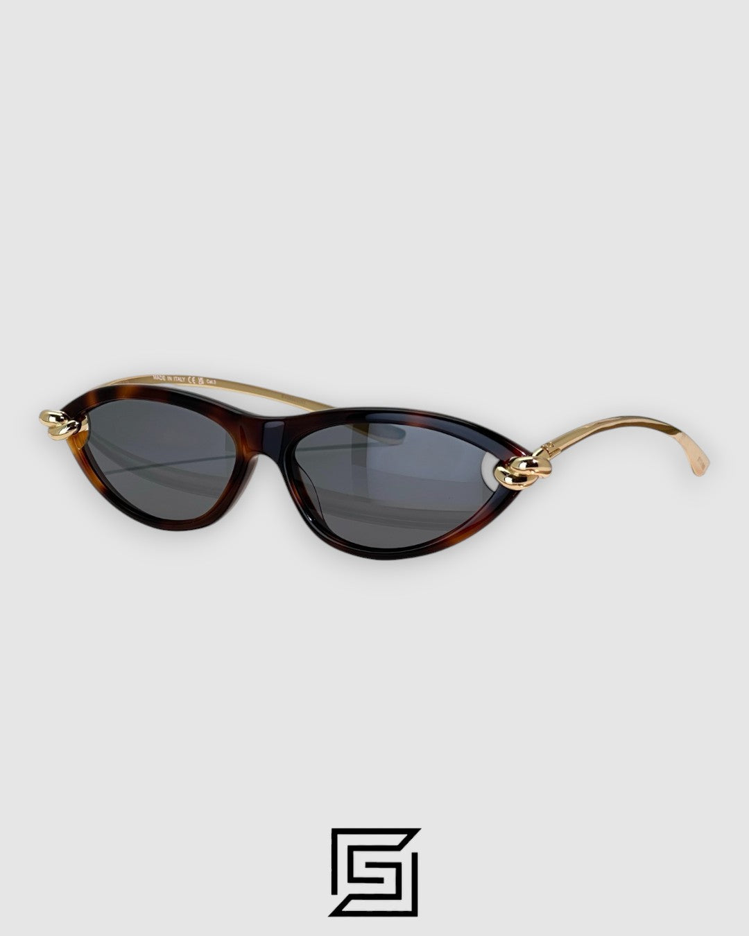 Bottega Veneta BV1390S 008 Black Lenses With Tiger Brown Frame Gold Arm Sunglasses