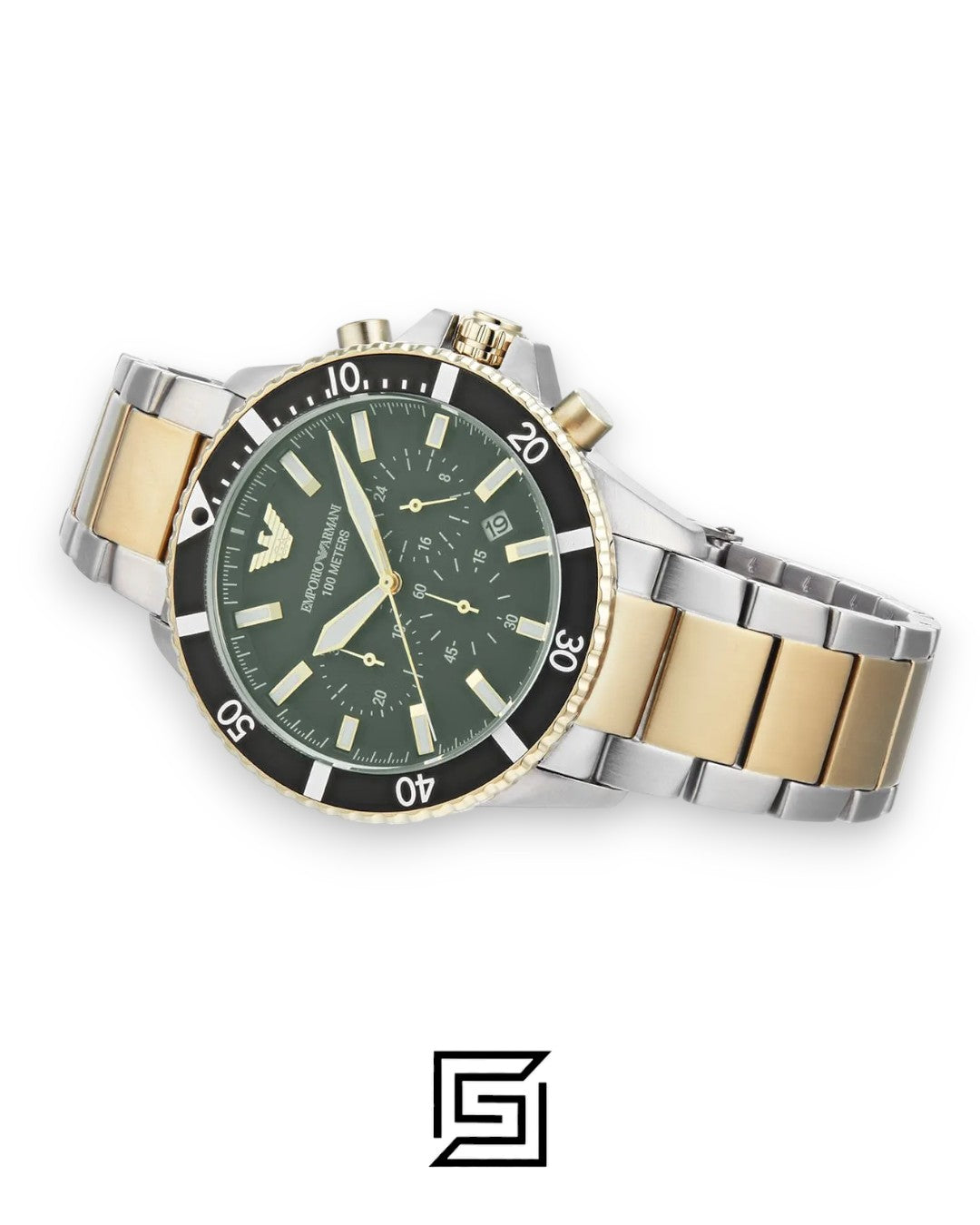 Armani AR11361 Men's Two-Tone Stainless Steel Chronograph Watch with Green Dial