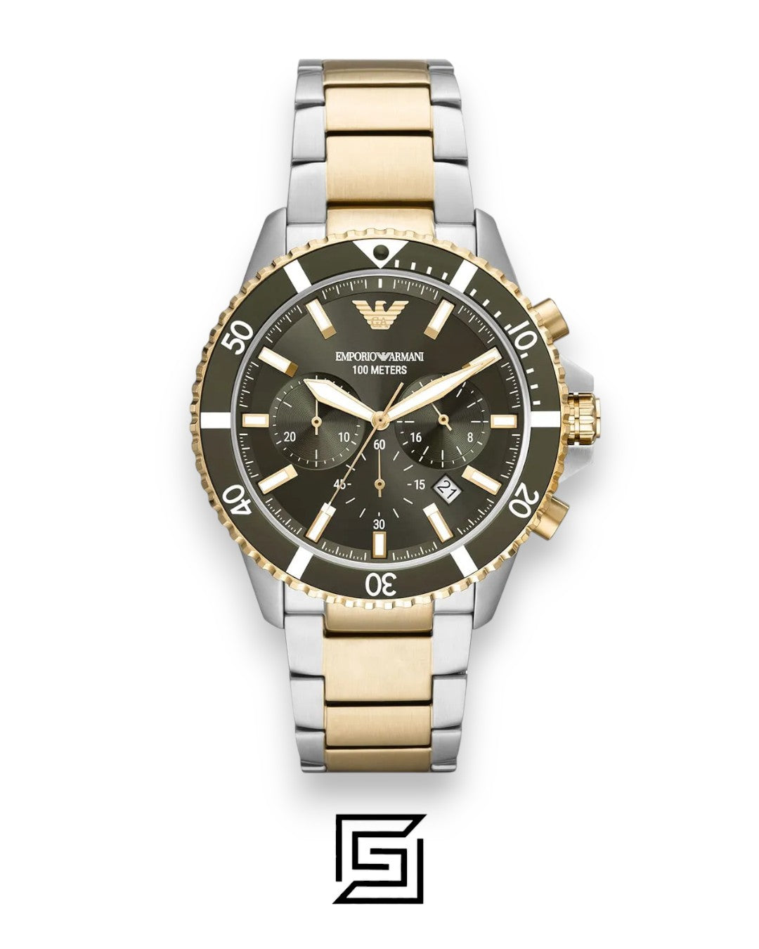 Armani AR11361 Men's Two-Tone Stainless Steel Chronograph Watch with Green Dial