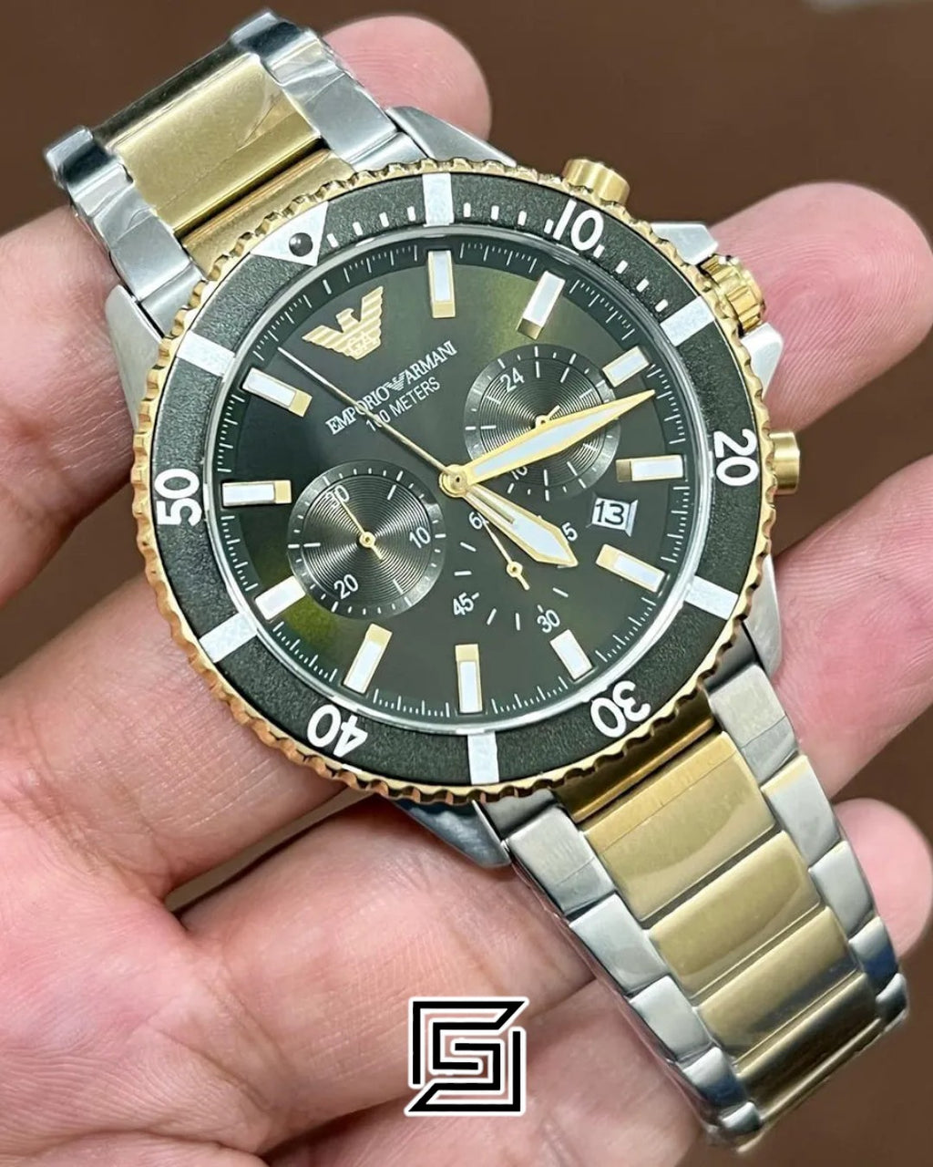 Armani AR11361 Men's Two-Tone Stainless Steel Chronograph Watch with Green Dial