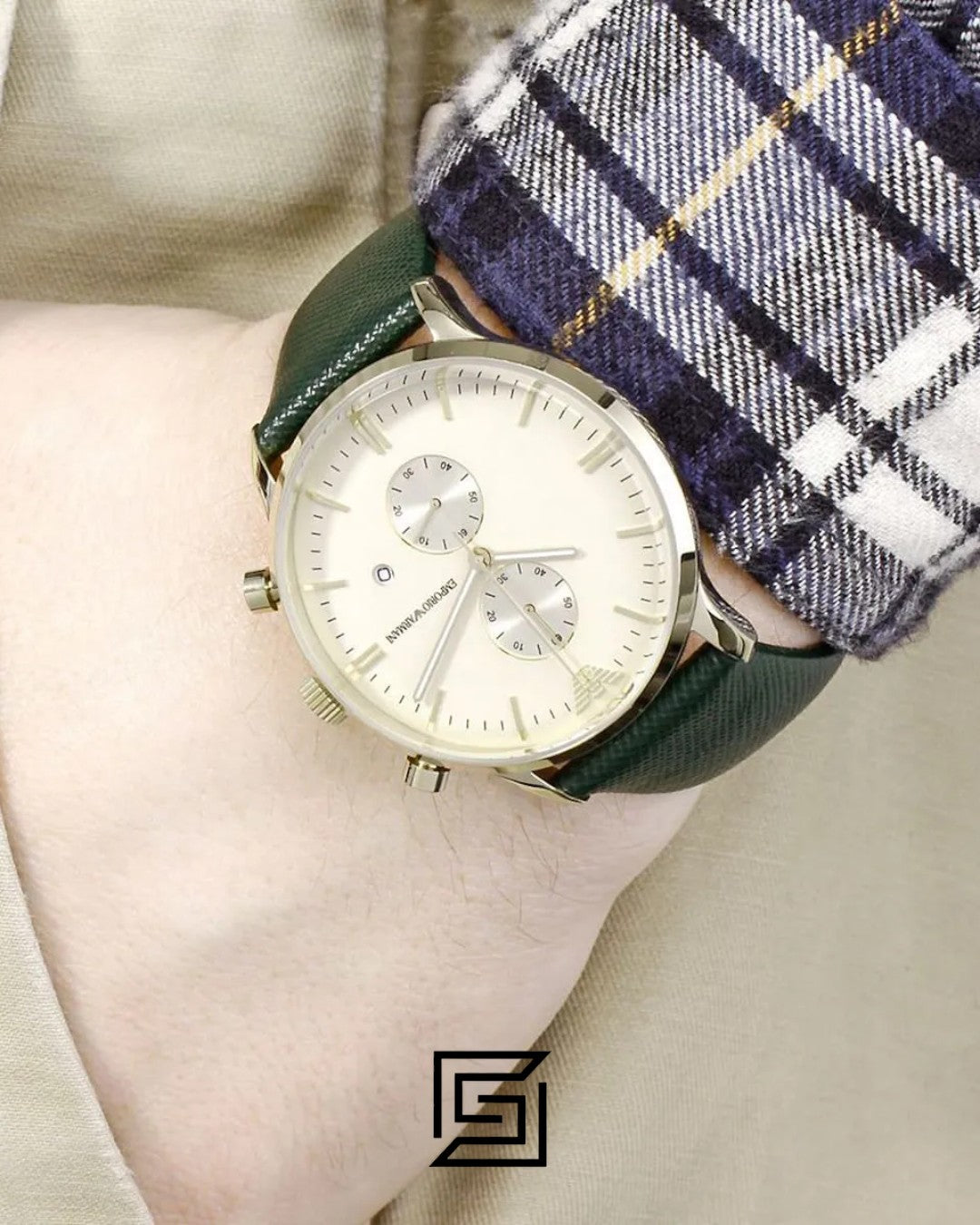 Emporio Armani AR1722 Gold Tone Chronograph Watch with Champagne Dial and Green Leather Strap