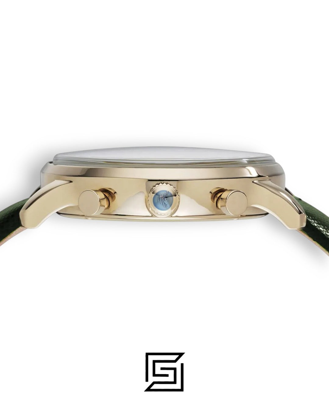 Emporio Armani AR1722 Gold Tone Chronograph Watch with Champagne Dial and Green Leather Strap